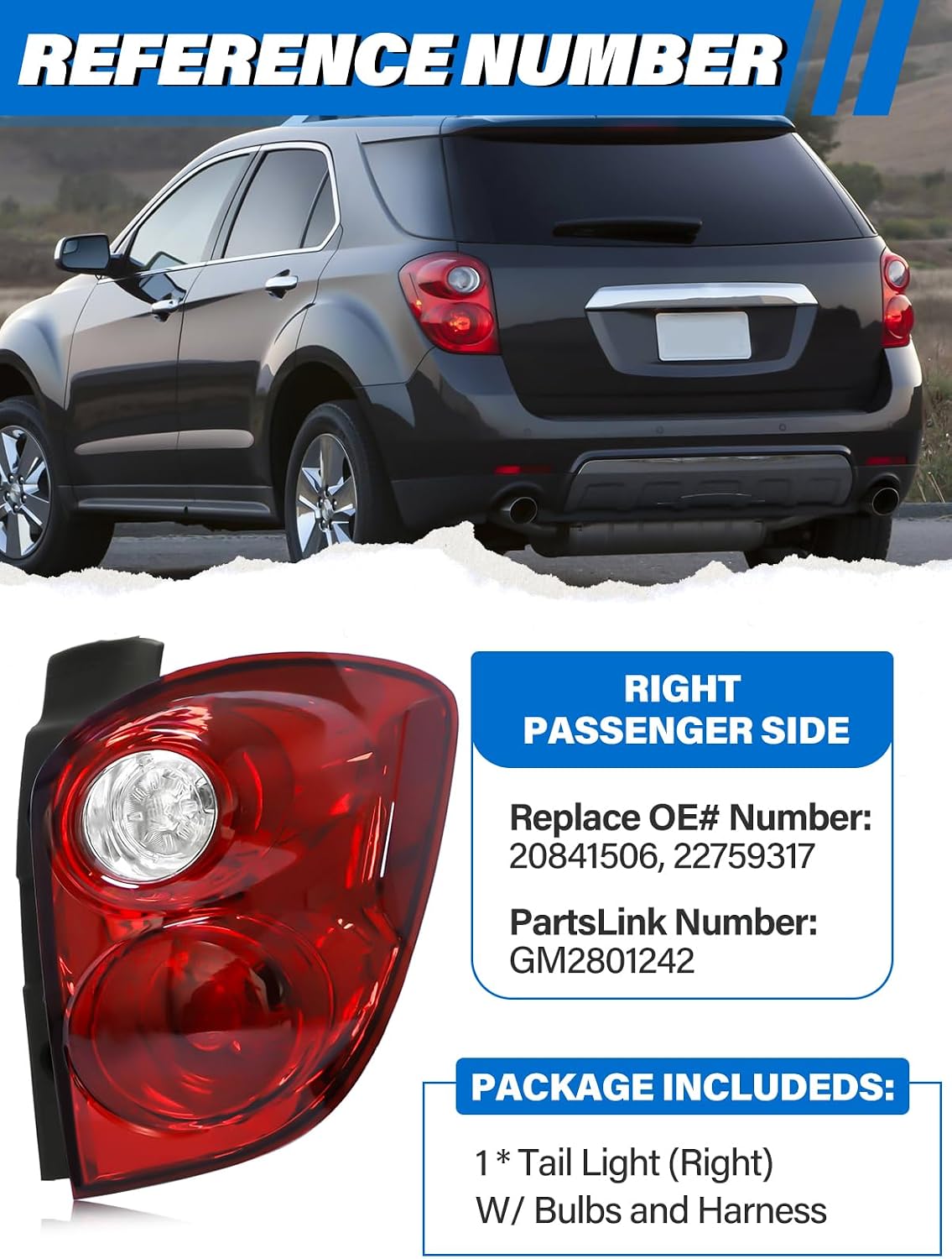 Tail Light Assembly Compatible with Chevy Equinox 2010 2011 2012 2013 2014 2015 Taillights Halogen Type, Brake Rear Lamp Replacement for 20841506 22759317 GM2801242 Right Passenger Side