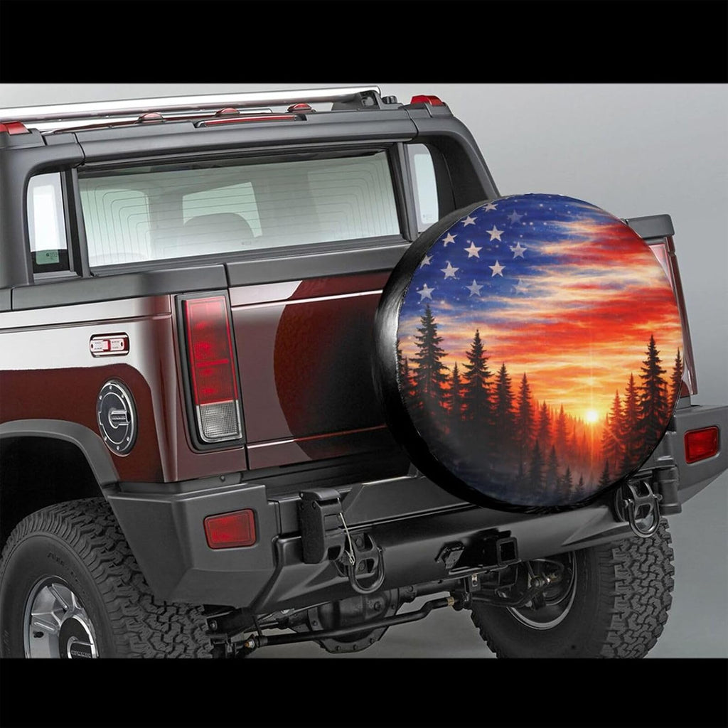 Spare Tire Cover，American Flag Sunset Fores Camper Spare Tire Cover Waterproof Sun Protection for Jeep Trailer Camper RV SUV Wheel Covers (American Flag Sunset Fores, 15 inch)