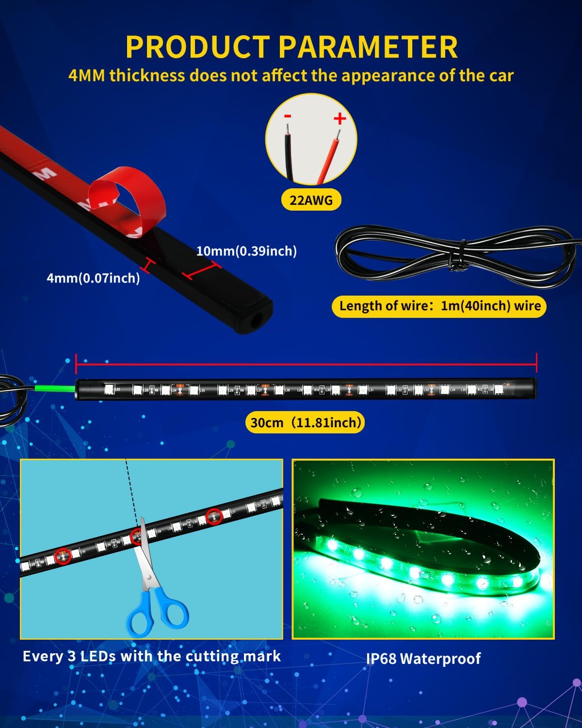 Green Led Strip Lights,DUOFU365 Marine Boat Led Navigation Lights 30CM 15 SMD IP67 Waterproof Auto Interior Lights for Home Decoration Car Motorcycles Boat Golf Cart Truck with 3M Tape(6PCS)