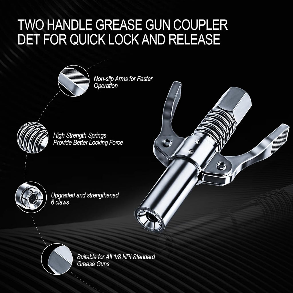 Grease Gun Coupler Grease Gun Tips,Quick Lock Double Handles Grease Gun Tip with 6 Thickened Claws,Rated 12,000PSI,Compatible with All Grease Guns,Suitable for Automobiles Ships Farm Machinery Etc.