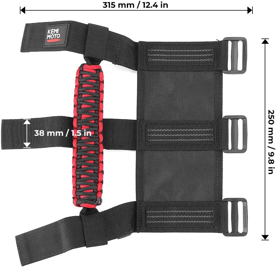 KEMIMOTO UTV Grab Handles, Triple Straps Absorb Sweat Breathable Red Paracord Hand Grip for 1.5 to 2'' Roll Bar Compatible with Polaris RZR, Mavericks, UForce, Talon Pioneer, Mule, 2Pack