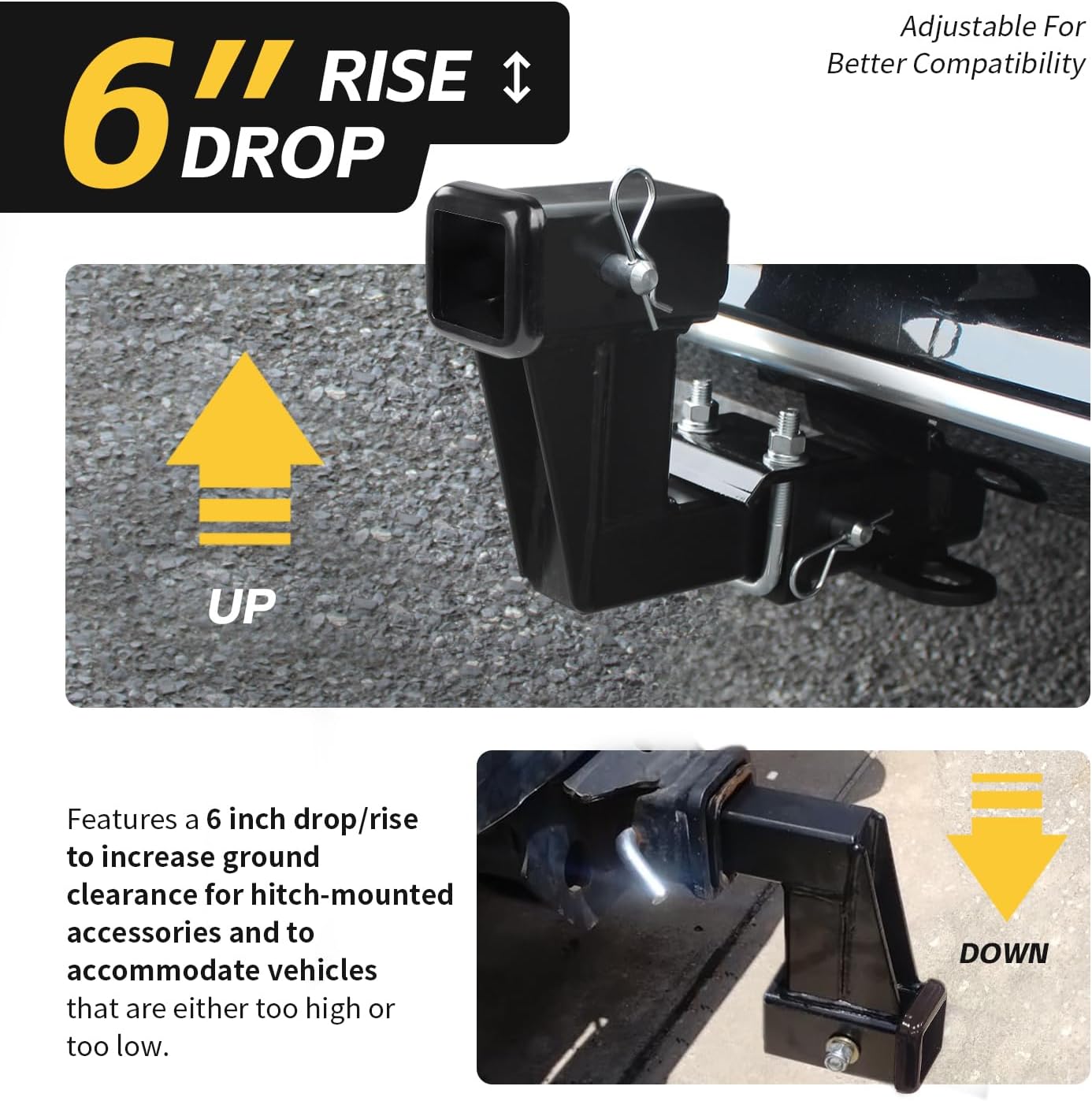 MaxxHaul Trailer Hitch Riser for 2" Receivers, 6" Rise or Drop Solid‑Steel Height Adapter with Triple Pin Holes, 500 lb Tongue Weight, Powder‑Coated Finish, Includes Two Hitch Pins (50909)