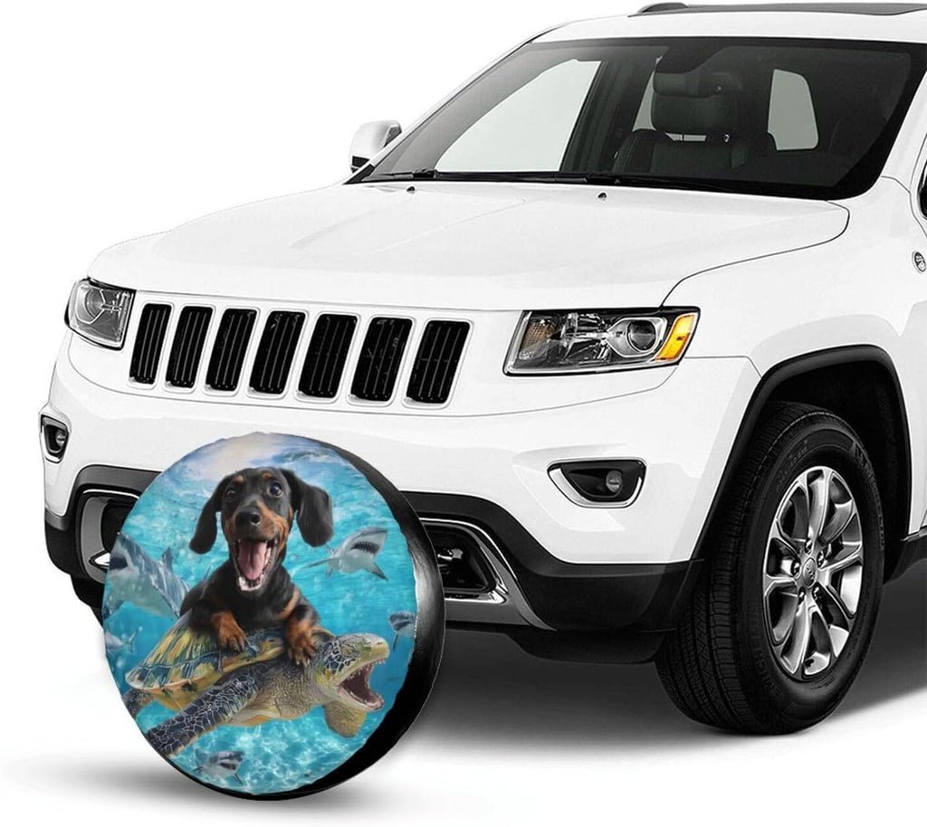Black Dachshund with Turtle Spare Tire Cover Universal for Rv Suvs Trucks Camper Travel Trailers, Funny Waterproof Polyester Wheel Protector Covers,15 inch