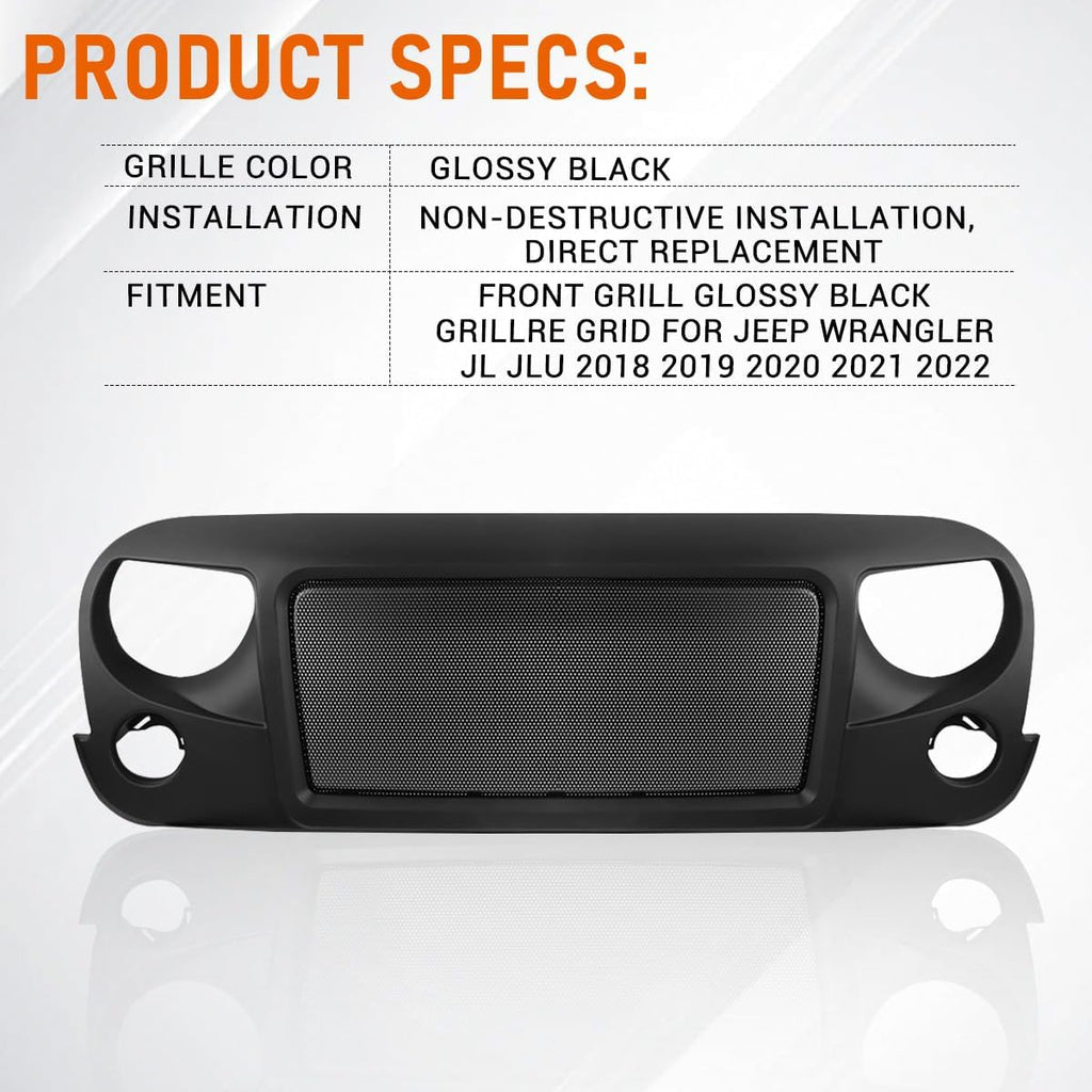 ABS Front Grille Compatible with Jeep Wrangler 2007 to 2017, JK，Matte Black (10 pcs W/BUG SCREEN)
