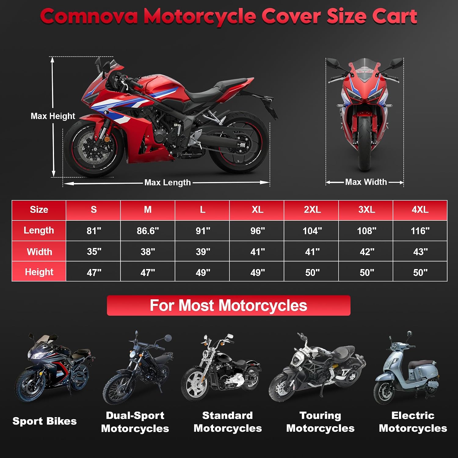 Comnova Motorcycle Cover 96 Inch - 600D Outdoor Motorbike Cover Waterproof with Lock Hole, Universal Fit for Harley, Honda, Kawasaki, Full Protection, Moped Covers for Motorcycle Vehicle Up to 96"