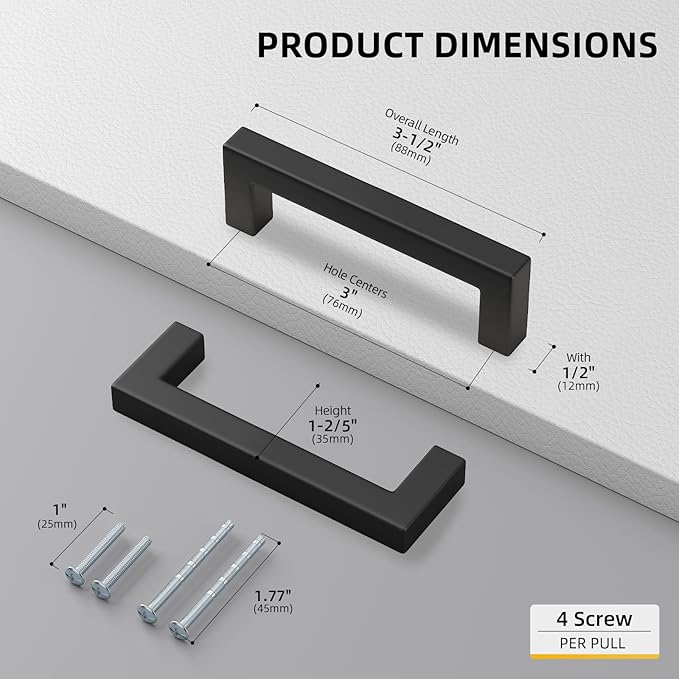 goldenwarm 22 Pack 3 INCH Black Square Bar Cabinet Pull Drawer Handle Stainless - Image 2