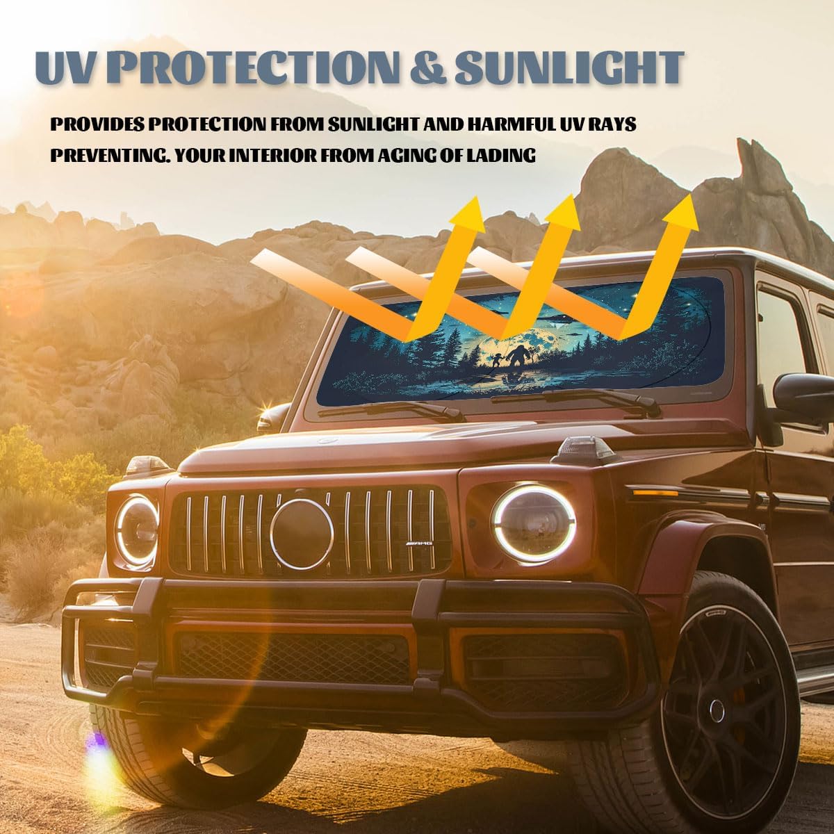 Bigfoot Alien Car Windshield Sunshade - Folding Moon UFO Trees Heatshield Front Window Sun Shade Visor Protector for Sedan Truck SUV - 59" L x 31.5" W