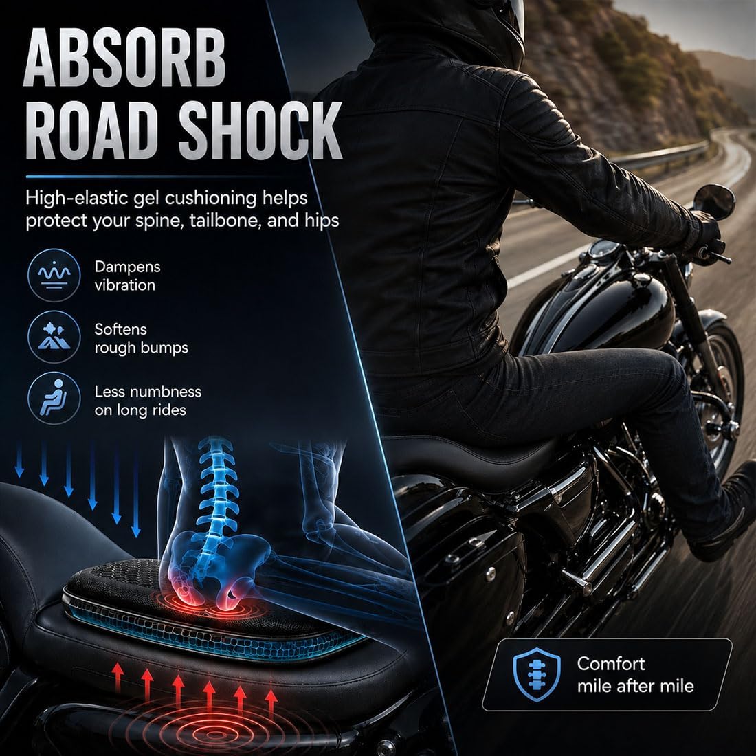 Motorcycle Seat Cushion, 3D Honeycomb Gel Motorcycle Seat Pad for Long Rides, Shock Absorbing Breathable Gel Seat Cushion, Universal Non-Slip Motorcycle Seat Cover with Fixing Straps (Black)