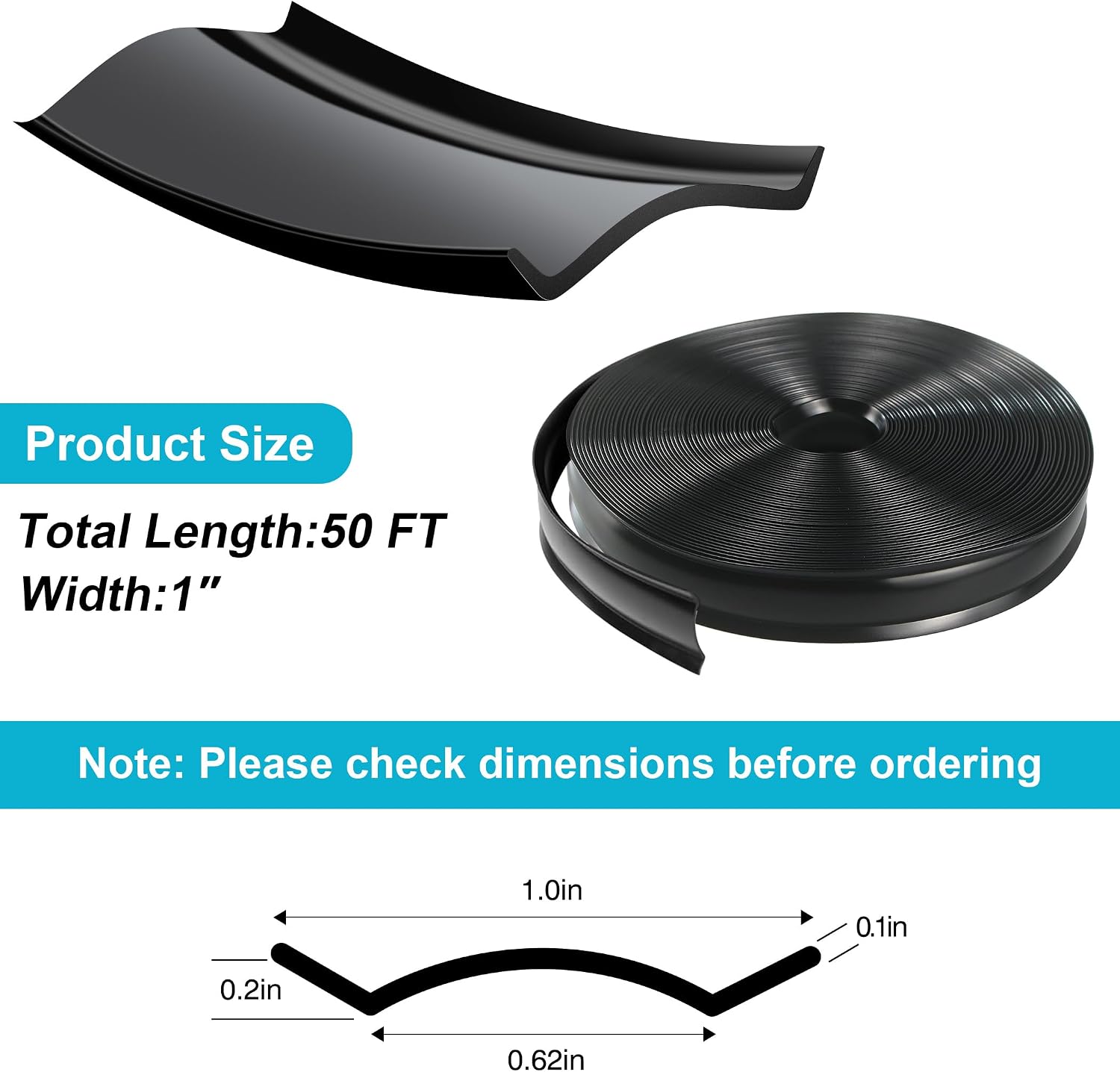 50 FT RV Trim Molding Insert, UV-Resistant RV Weather Stripping Exterior Replacement, Rubber Trim for Camper Travel Trailer Screw Cover Corner Gutter Channel Roof Edge, Vinyl Trim Insert 1 Inch Black
