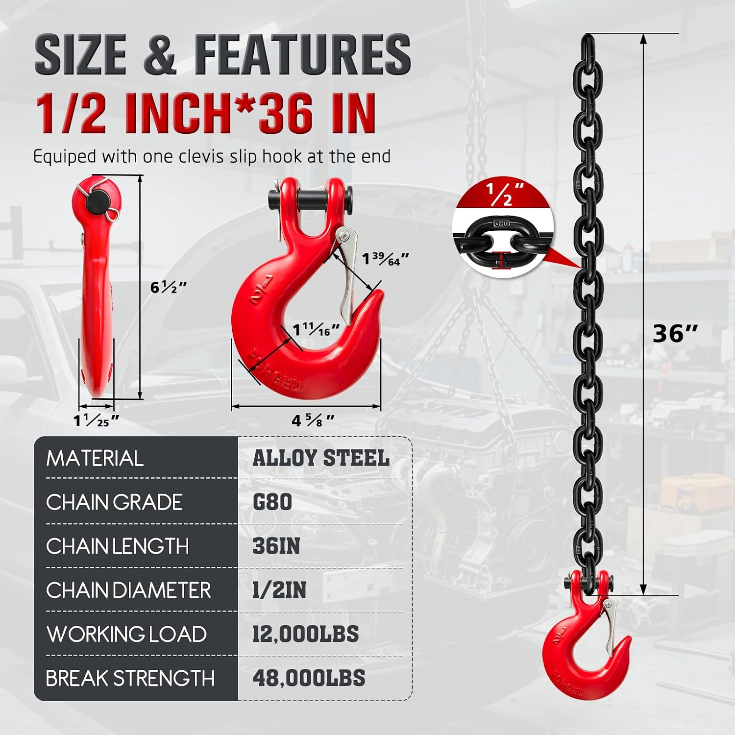 1/2" G80 Trailer Safety Chains with G70 Clevis Safety Hook,36" Tow Chains 12,000 lbs Working Load 48,000 lbs Break Strength Heavy Duty for Boat&Utility Trailers Truck Binding Chains(2 Pack,EP Black)