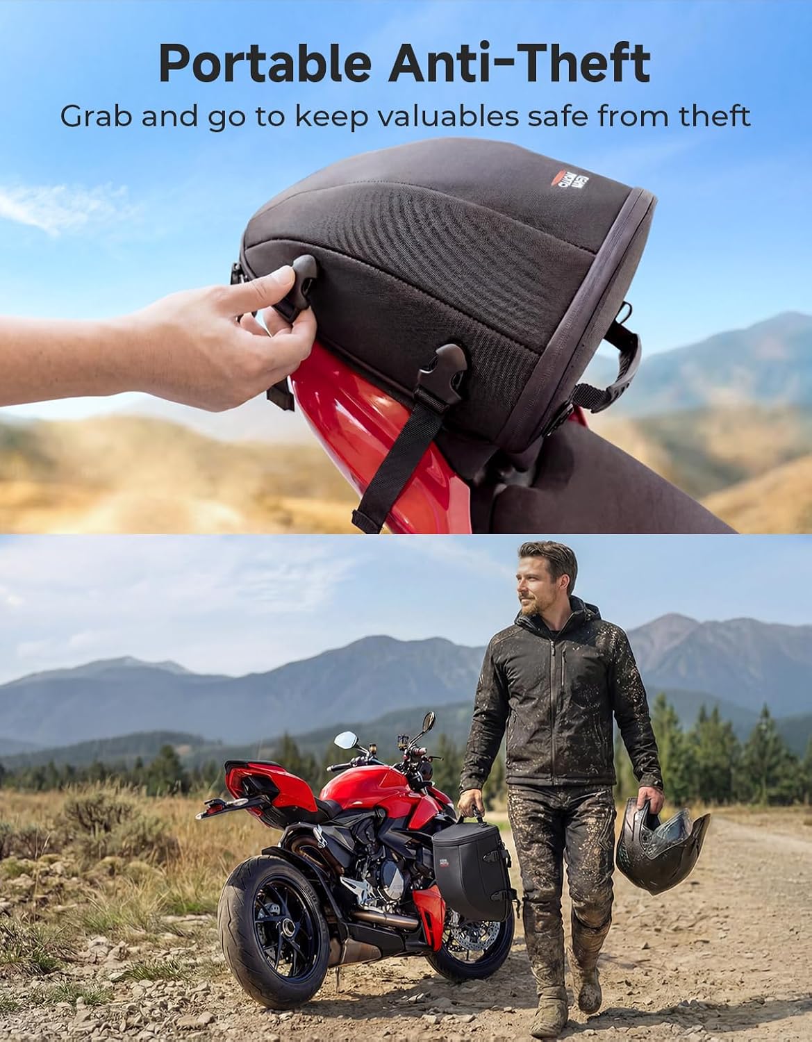 KEMIMOTO Motorcycle Tail Bag, Expandable 10.5L-12.5L Waterproof Motorcycle Rear Seat Bag with Rain Cover & Shoulder Strap, Motorcycle Luggage Tail Pack for Commuting Travel Camping, Black