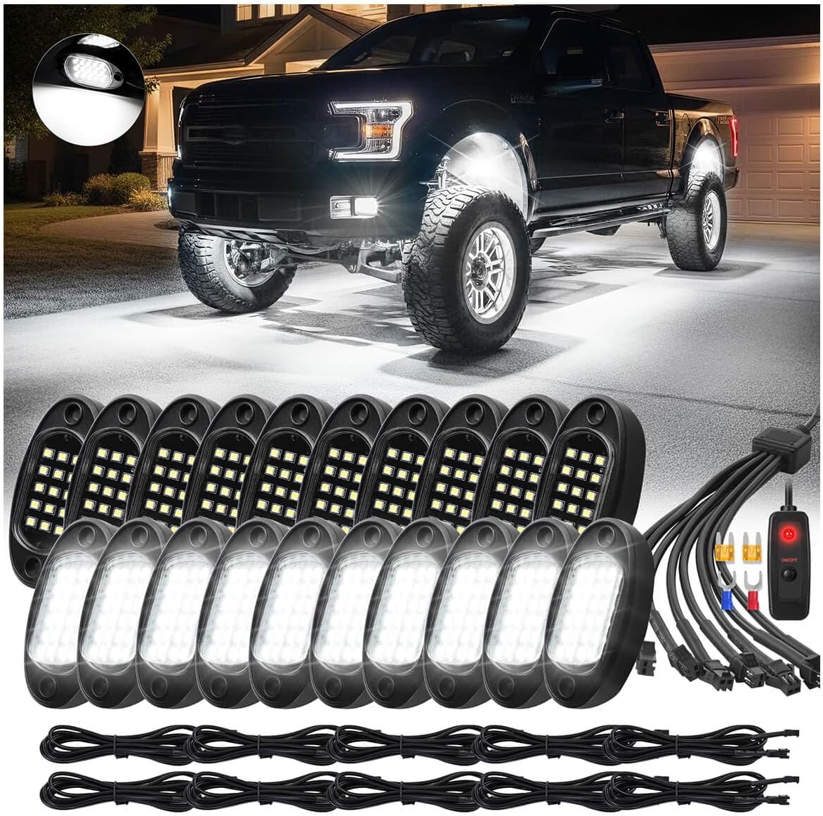 20Pods All Pure White LED Rock Lights Full Kit Plug and Play & Pre Wired 6500K with Switch Wiring Harness Extension Fuse Long Wires, 300Chips Waterproof Underglow 12V for Semi Trucks Pickup Offroad