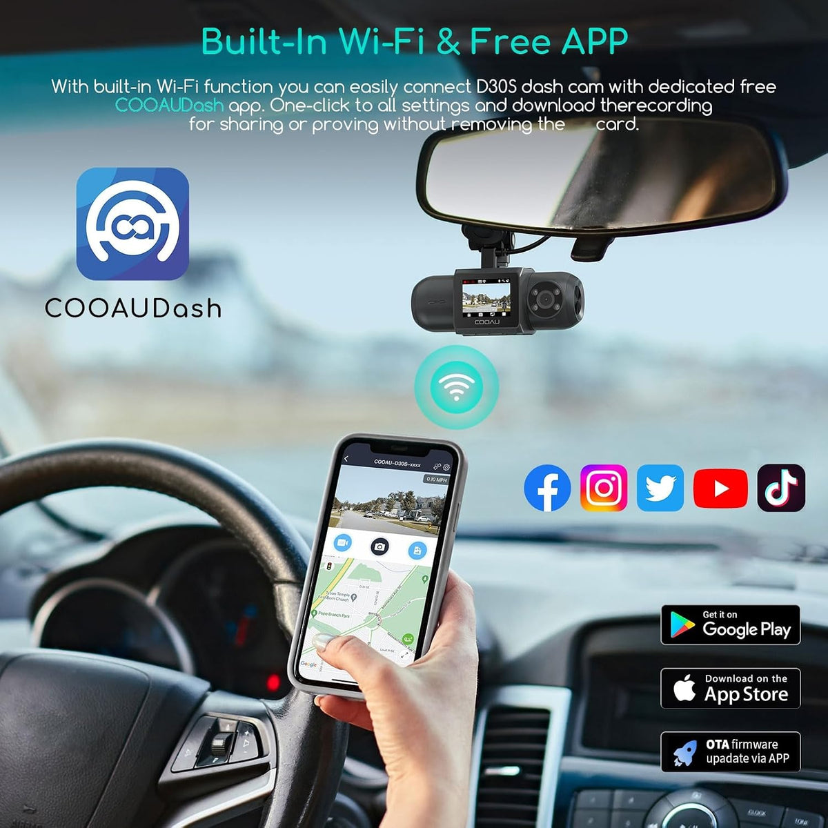 cooau d30s 4k dash cam with gps wi-fi showing dimensions