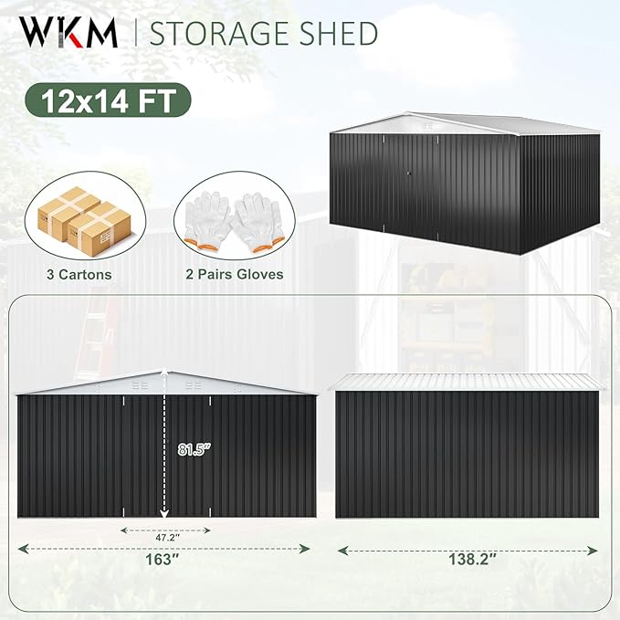 WKM 12x14 FT Outdoor Storage Shed, Utility Metal Tool Storage