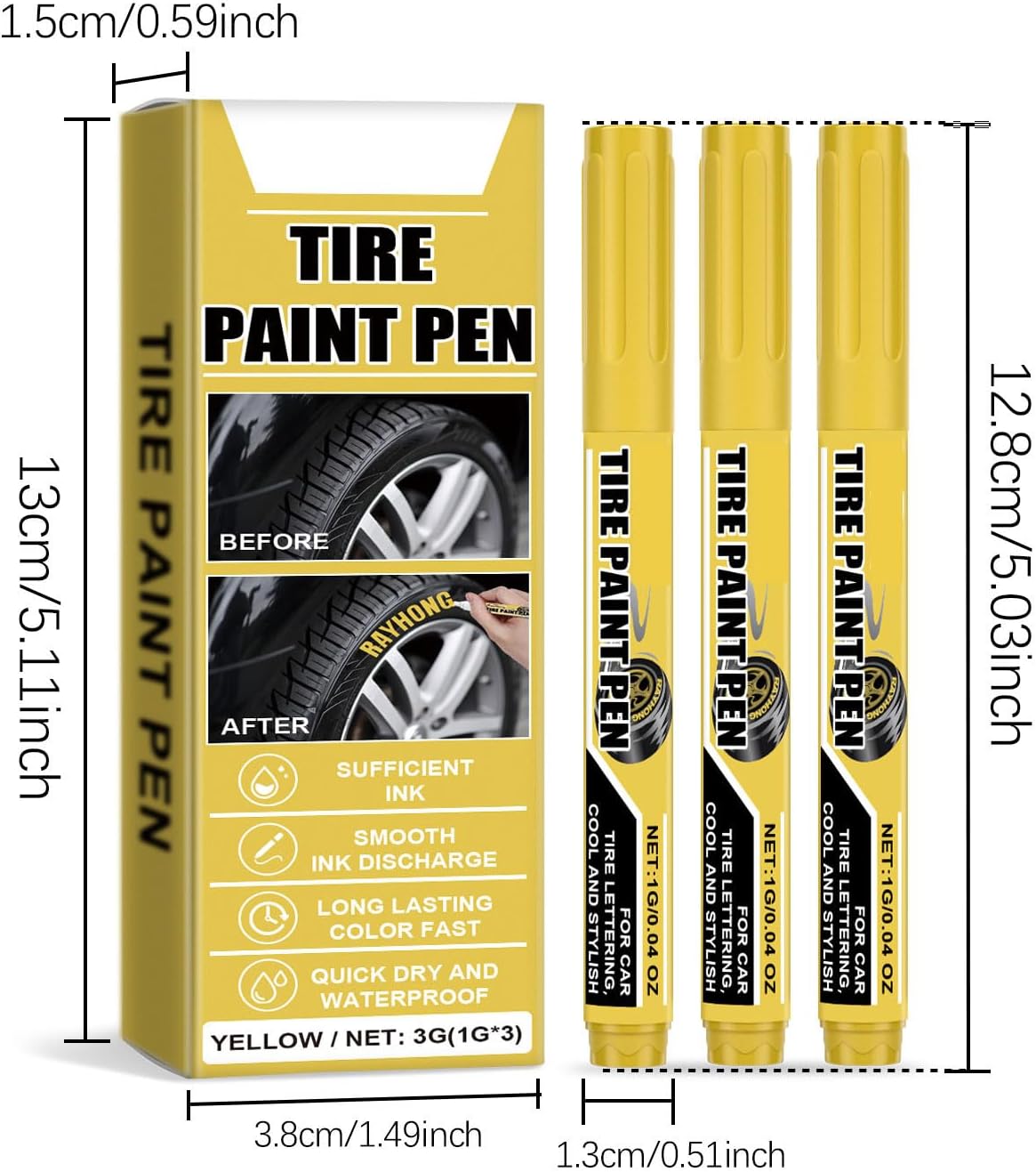 15Pcs Yellow Tire Paint Pen Water Resistant Tire Marker Pen Yellow Paint Pen Quick Drying for Car Tires Scratch Repair