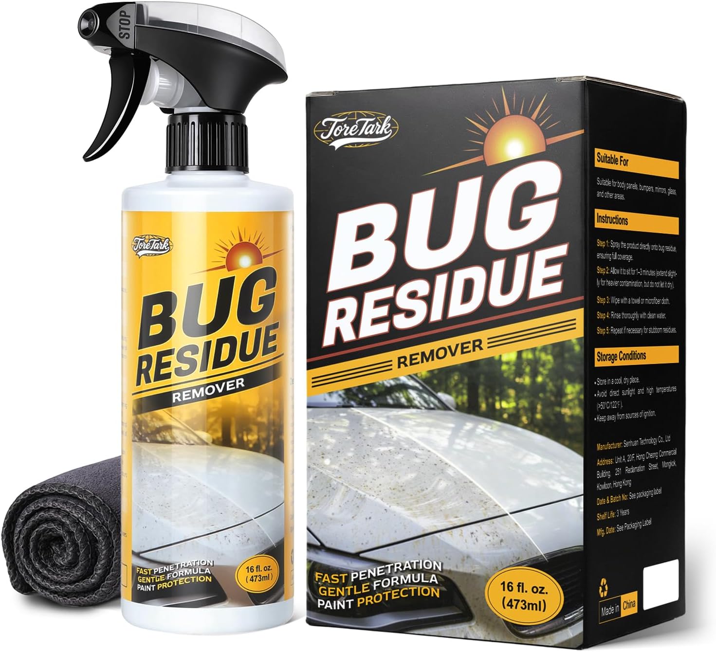 Bug Remover for Cars Exterior - Tree Sap Remover for Car, Quickly Dissolves Bird Poop, Water Spots, Resin & Grease - Safe on Paint, Glass, Chrome & Rubber, Microfiber Towel for Easy Cleaning, 16 fl oz