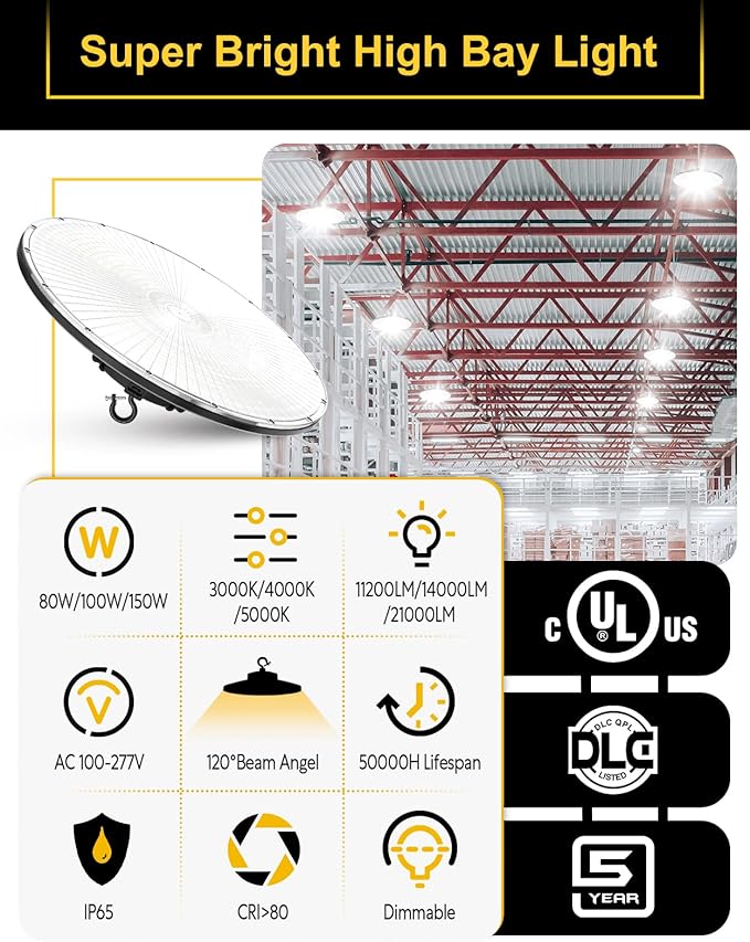 UFO LED High Bay Light, 150W/100W/80W Adjustable, 3000K/4000K/5000K, UL &...