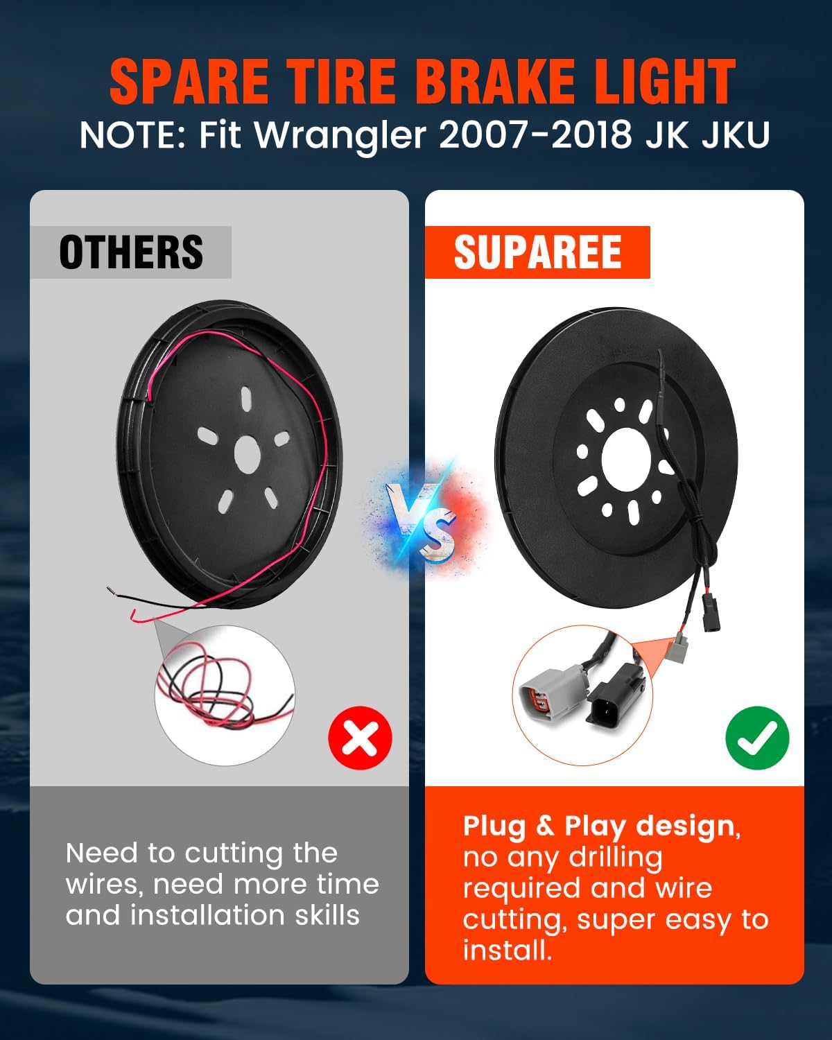 SUPAREE Spare Tire Brake Light Fit For Jeep Wrangler 2007-2018 JK JKU,232PCS LED Super Bright 3rd Third Stop Rear Wheel Lights Plug and Play,Red Smoke Black Design