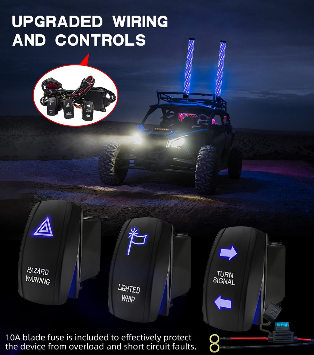 ZIMABLUE 2PC 2FT Fat Whip Lights for Side by Side, App & Remote Control RGB Chasing Light Whip with 3 Switchs for ATV UTV Dune Buggy Truck,LED Whip Light Compatible with Polaris RZR Can-Am Maverick X3