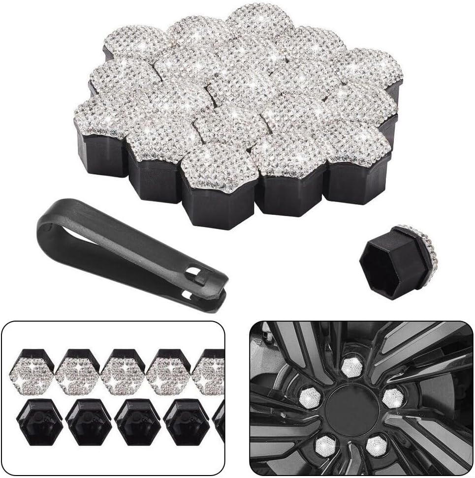 White Rhinestone Wheel Lug Nut Covers 17Mm, 20Pcs Plastic Bolt With Removal Tool For Car Truck SUV Wheels, Scratch-Proof Rust Resistant Decorative Trim