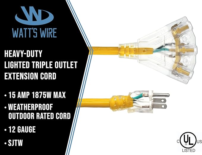 100 ft - 12 Gauge Heavy Duty Extension Cord - 3 Outlet Lighted SJTW - - Image 2