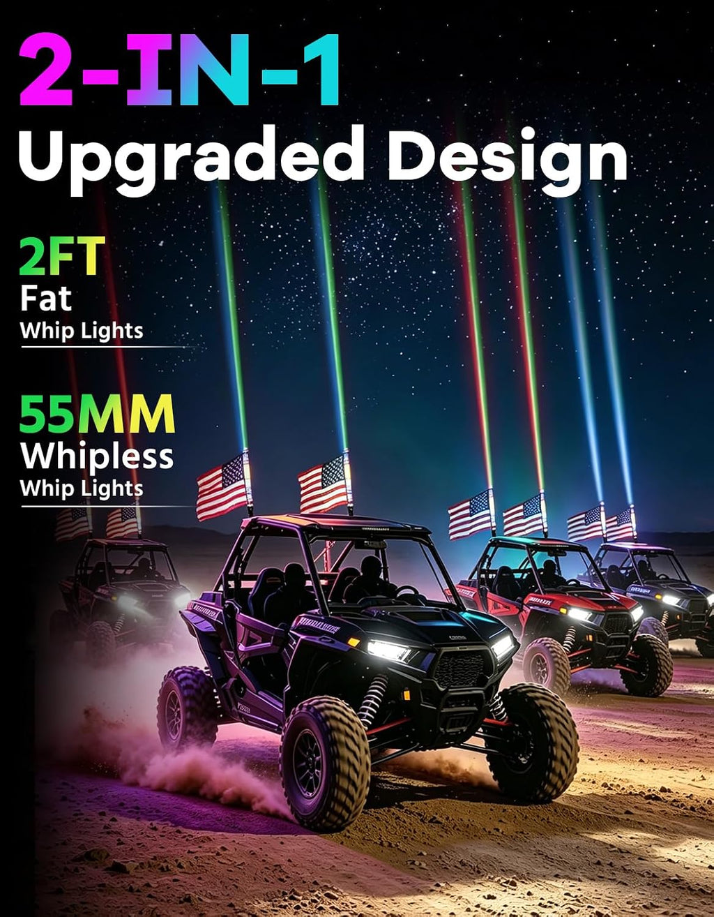 2-in-1 2FT Fat Whip Lights, Whipless LED Whip Lights with Rocker Switch, Remote & APP Control, 360° Spiral Multi-Color Lights, Compatible with Polaris, Can-Am, CFMOTO, ATVs (2 Pack)