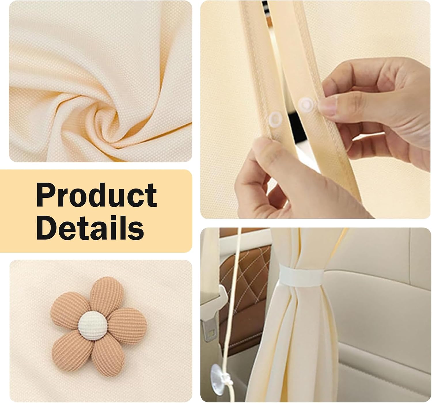 Car Privacy Curtain, Front and Rear Seat Partition Curtain, 3D Floral Tassel Edge Cotton Blackout Curtain, Suitable for Most Sedans (Beige)