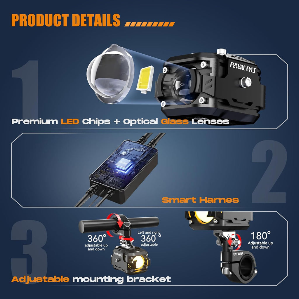 Future Eyes LED Motorcycle Fog Lights, 360° Adjustable Auxiliary Lights, Waterproof Off-Road Driving Light for Night Riding, Amber/White High & Low Beam, Compatible with Motorcycles, ATVs, and UTVs