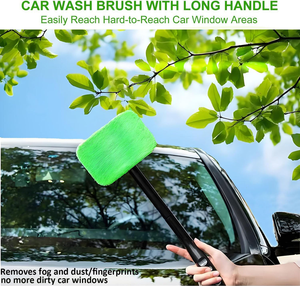 desin Car Windshield Cleaning Tool, Windshield Cleaner with 5 Washable and Reusable Microfiber Pads and Extendable Handle, for Auto Glass Wiper (Green)