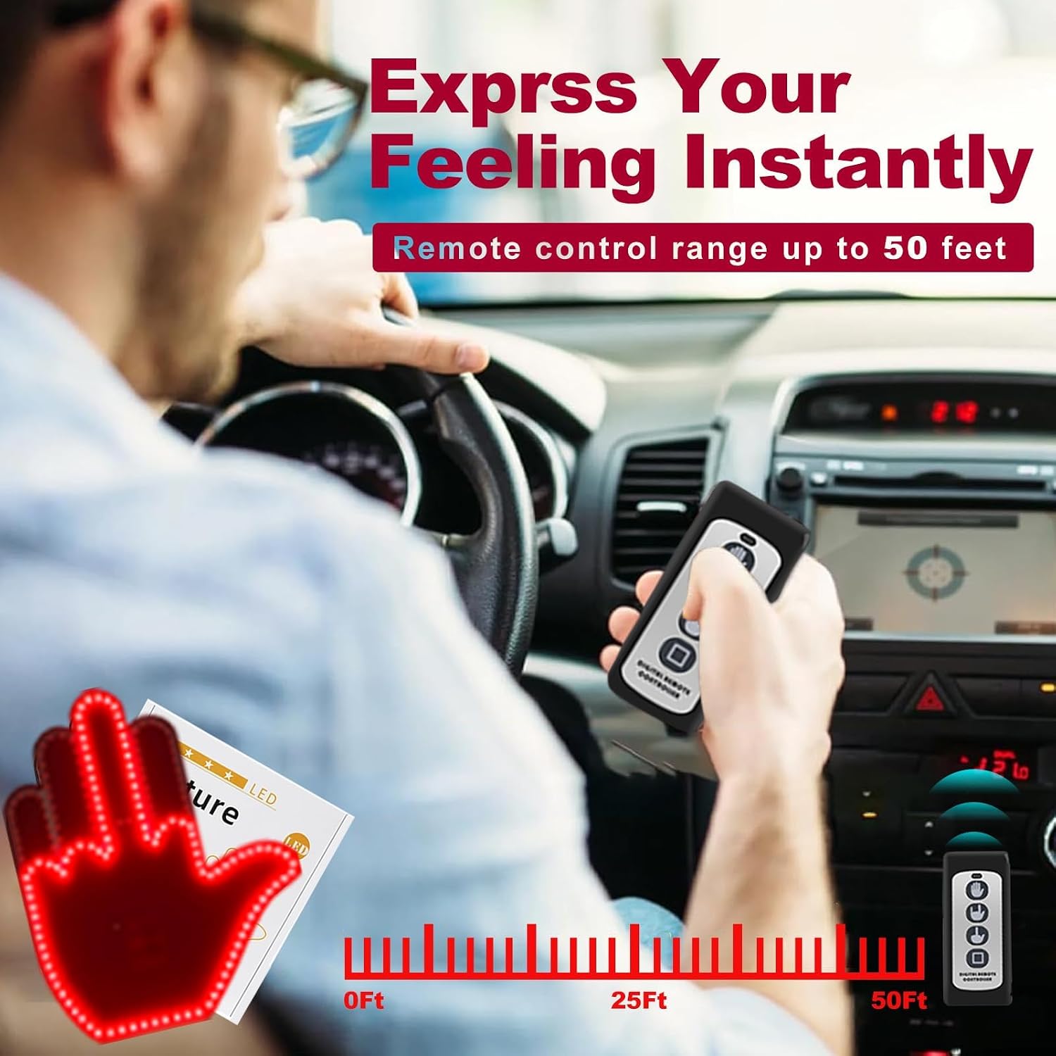 Middle Finger Car Light - Glo Hand Gesture Light for Car,Light Up Middle Finger for Cars Window, Led Hand Gesture with Remote,Road Rage Hand Led Sign, Fun Truck Accessories