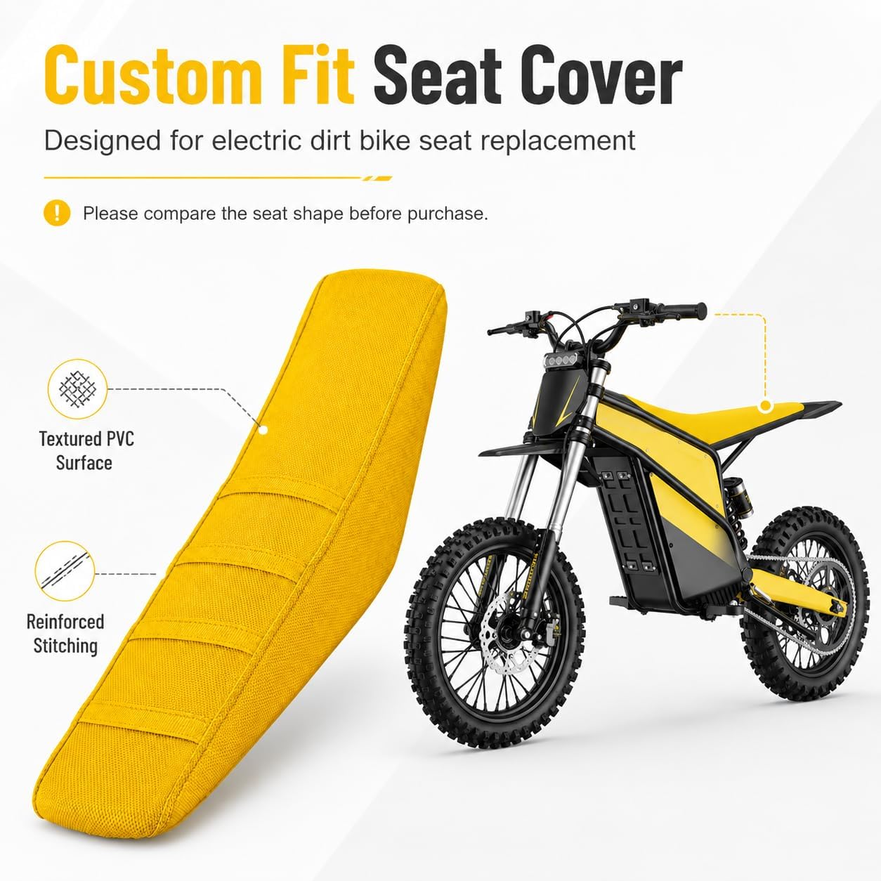 Dirt Bike Seat Cover, Non-Slip Gripper Cushion Pad Replacement, Compatible with Heybike Villain Electric Dirt Bike (Yellow)