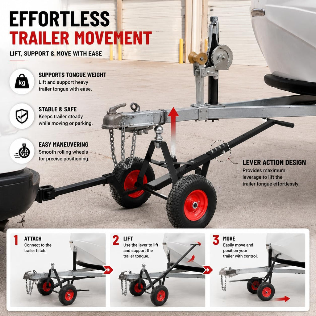 Trailer Dolly, Heavy-Duty Steel Trailer Mover Dolly with 2 Inch Ball and 600 lbs Capacity Handle for Easy Maneuvering of Boat, for Moving Car RV Boat Trailer, Great for Camping
