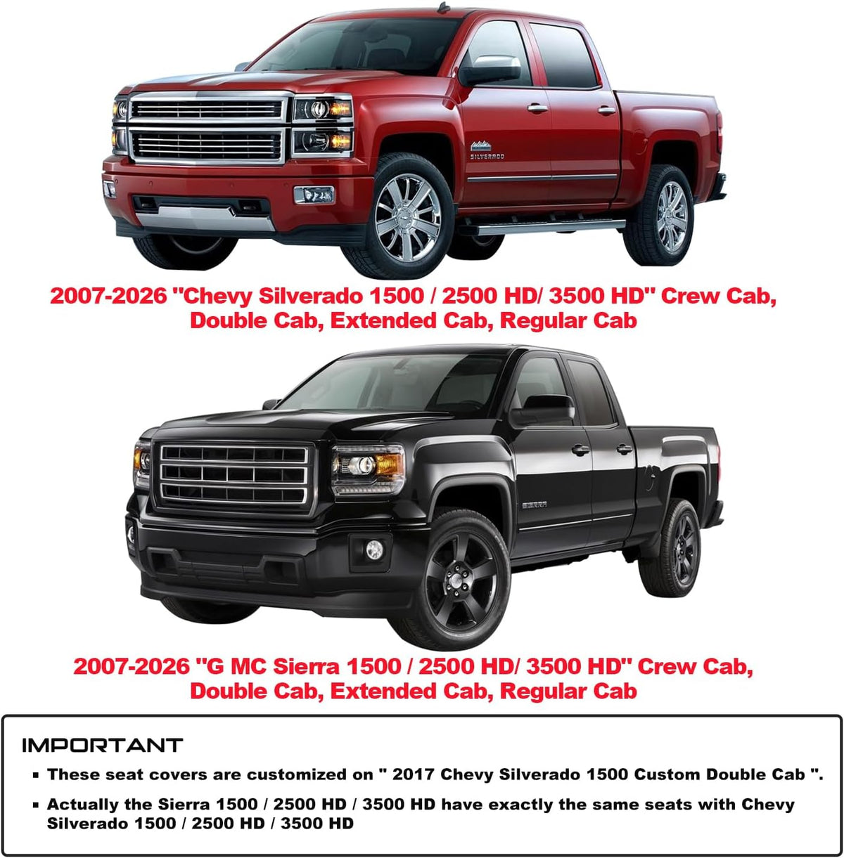 seat covers chevy chevrolet silverado gmc sierra 2007-2026, package contents