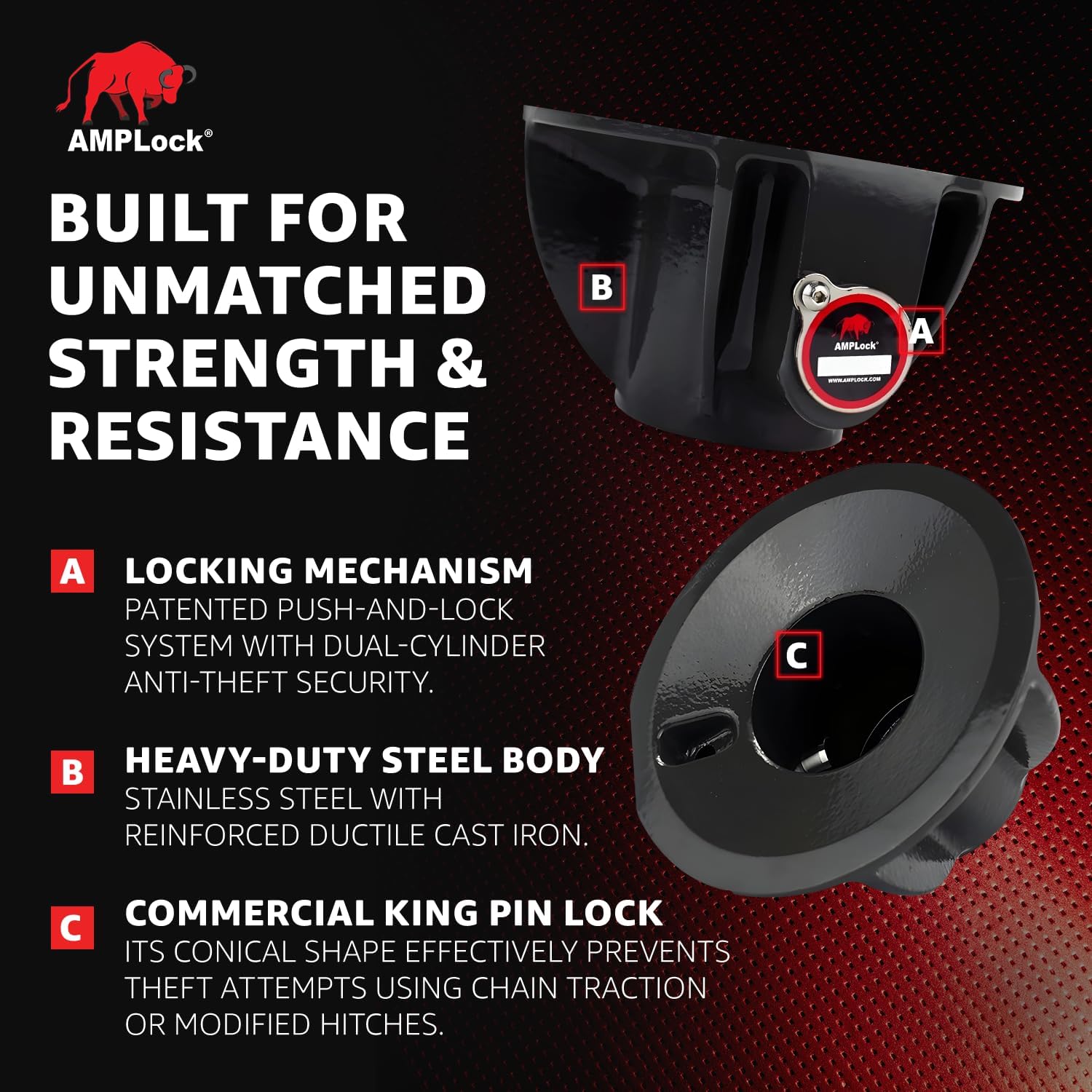 AMPLock - U-LPCF Heavy Duty Trailer Kingpin Lock, Patented Cylinder Lock, Commercial Trailer Security Conical King Pin Lock, Reliable Heavy Duty Kingpin Lock for Enhanced Trailer Protection & Security