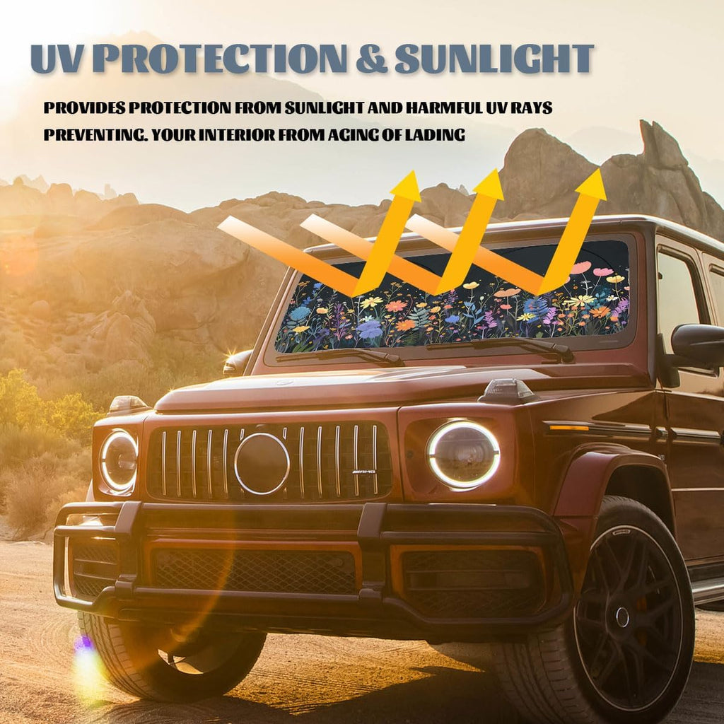 Wild Flower Car Windshield Sunshades Colorful Floral Boho Retro Heatshield Front Window Car Sun Shade Windshield Blocks UV Rays Sun Visor Protector for Car Sedan Truck SUV Accessories 59"L x 31.5"W