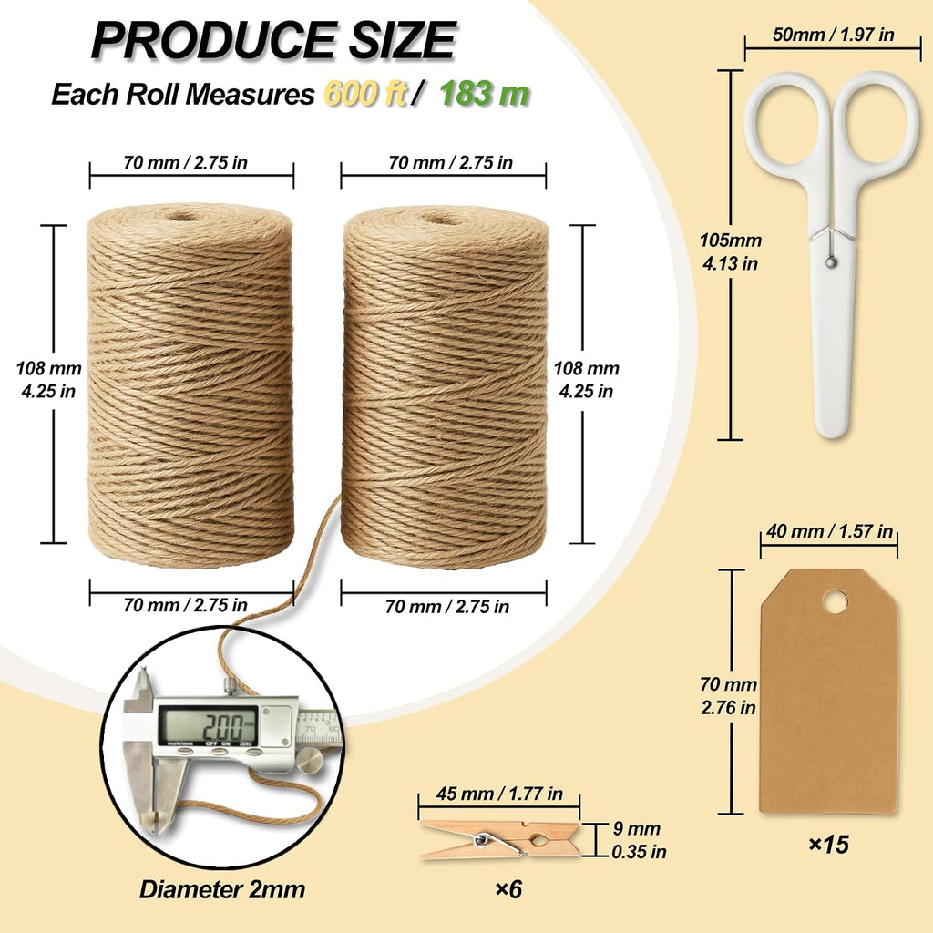 5 Pack Natural Twine String Suit: Jute Twine for Crafts Gardening Gift Wrapping Home Decor Knitting - 2mm 1200 Feet Jute Rope Twisted from 3 Ply - Suitable for Handicraft and Gardening Enthusiasts