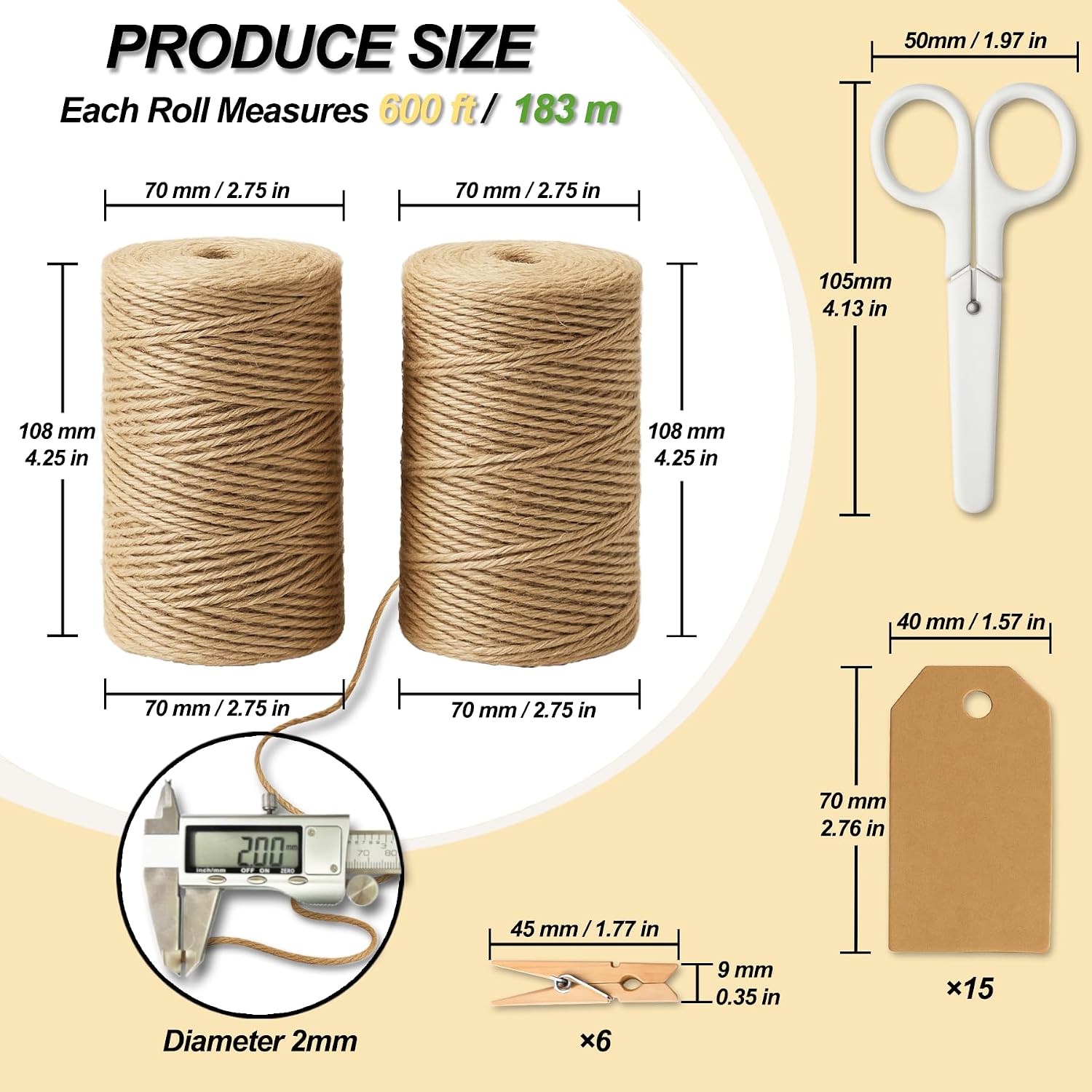 5 Pack Natural Twine String Suit: Jute Twine for Crafts Gardening Gift Wrapping Home Decor Knitting - 2mm 1200 Feet Jute Rope Twisted from 3 Ply - Suitable for Handicraft and Gardening Enthusiasts