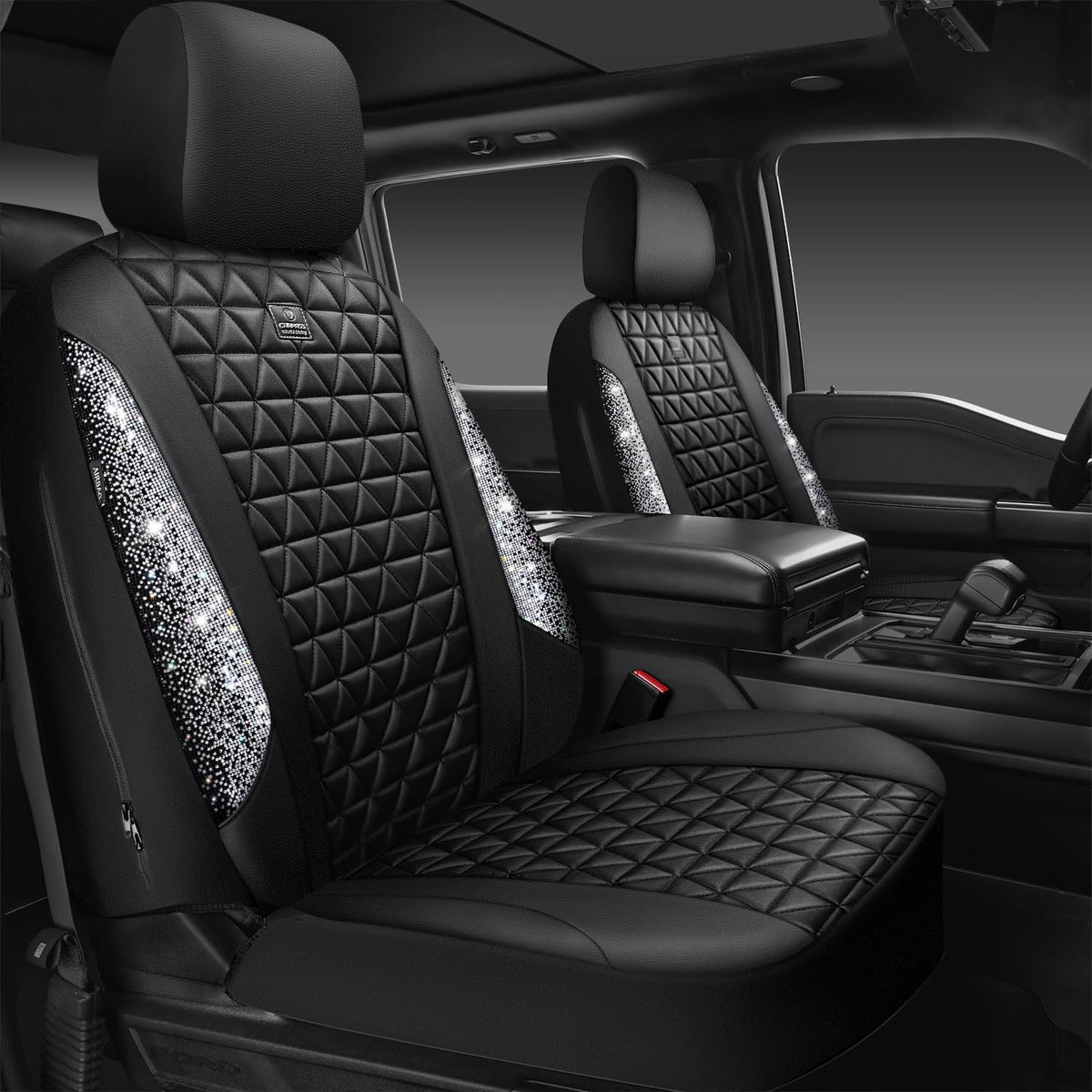 car pass bling diamond leather car seat covers, front angle view