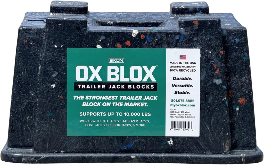 OX BLOX Heavy Duty Trailer Jack Block - 10,000 lb Capacity - Made in USA | RV Leveling Blocks & Stabilizer Pads; 100% Recycled Plastic; For Tongue Jack, 5th Wheel, Camper, Travel Trailer & More
