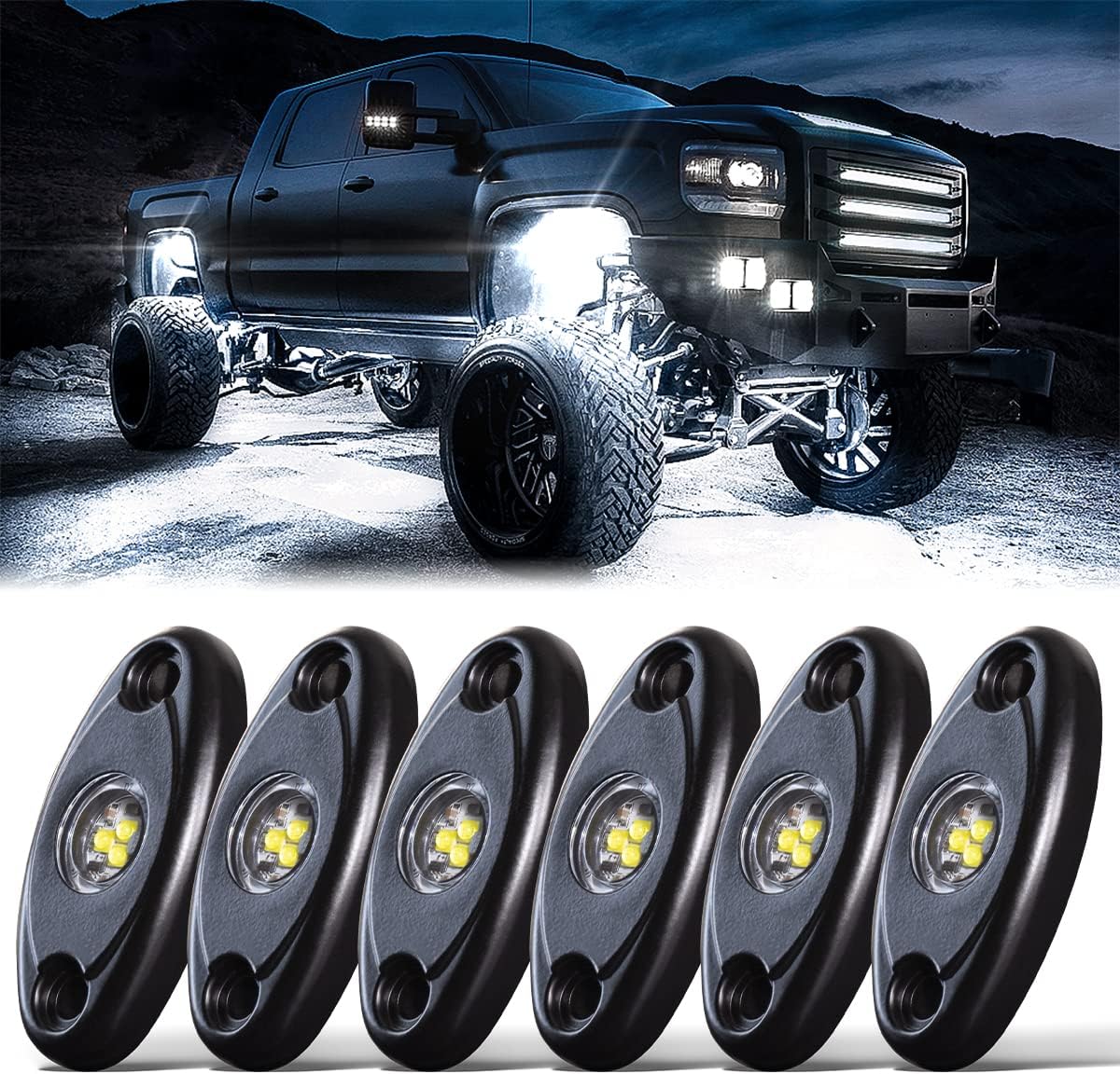 LEDMIRCY Pure White Rock Lights 6PCS R1 Super Bright LED Rock Lights White for Off Road Trucks ATV UTV SUV Underglow Neon Light Underbody Trail TRAI Rig Light High Power Waterproof Shockproof