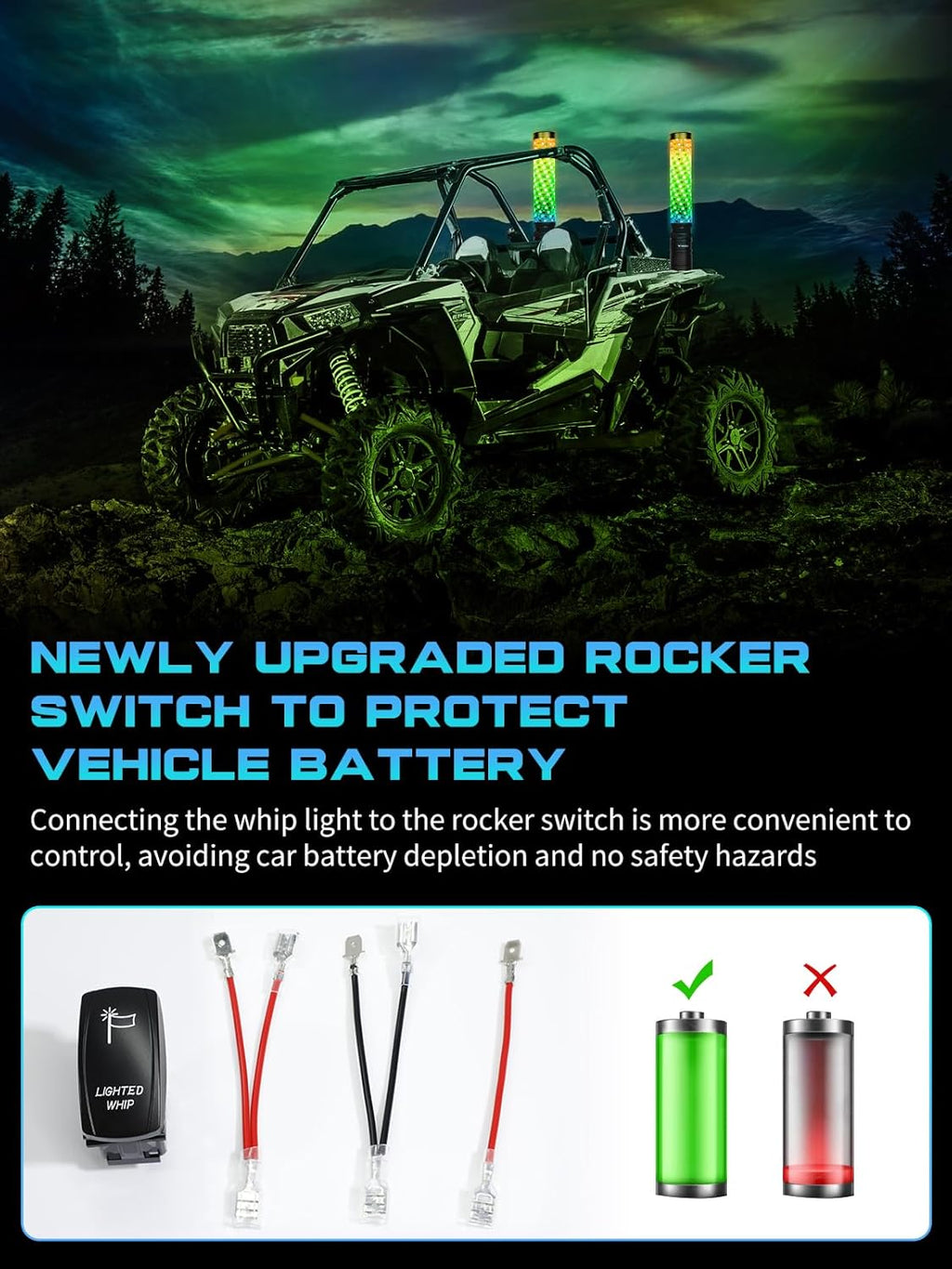 2 Pack 2FT Fat Whip Lights, LED Whip Lights with App & Remote Control, Spiral RGB Chasing Lighted Antenna Whips with Rocker Switch, Music Whip Light for SXS UTV ATV RZRCan-Am X3 Off-Road