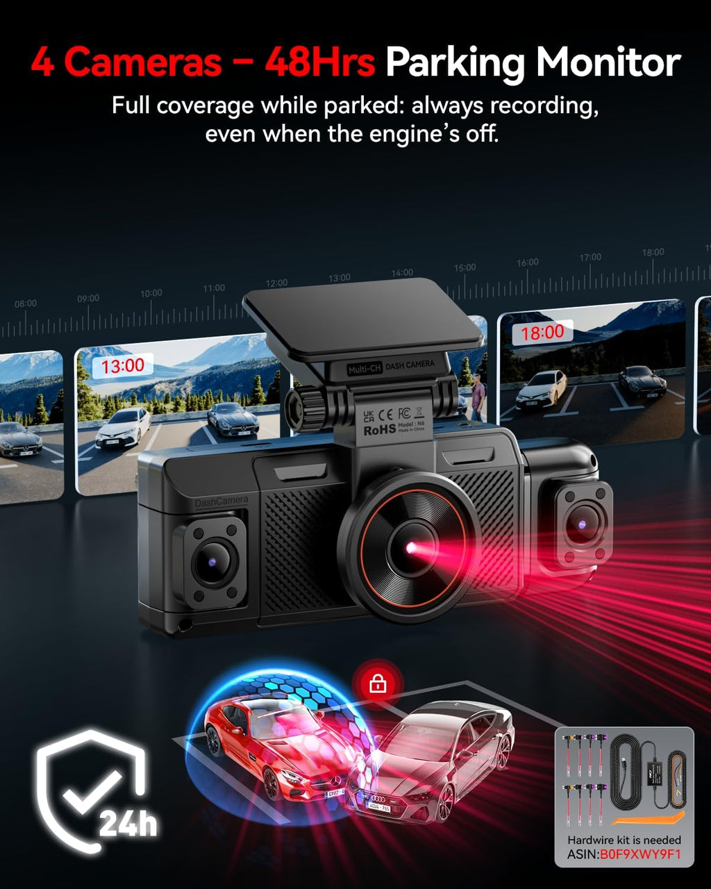 iiwey n6 360° dash cam 4 channel, free showing dimensions