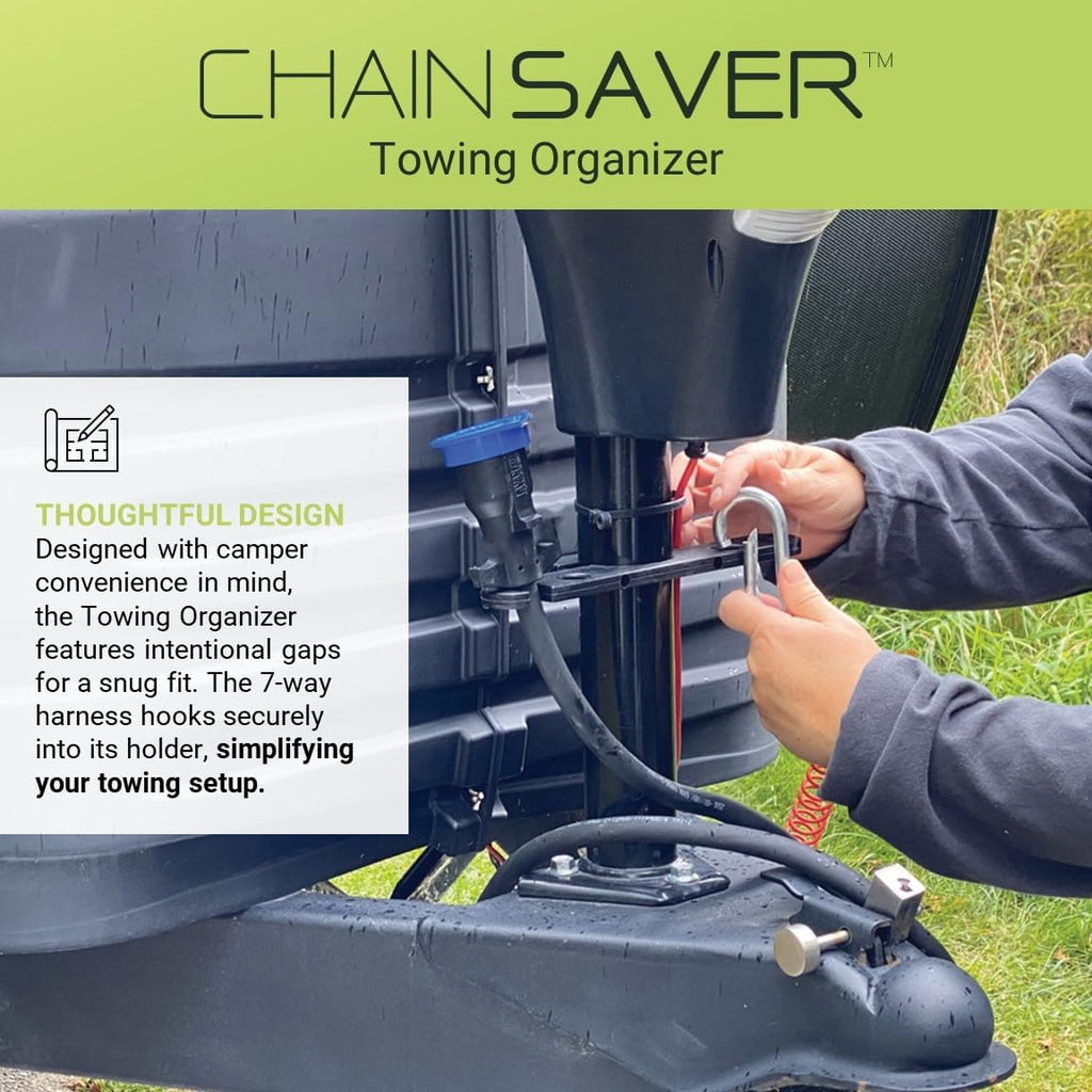 GR Innovations Chain Saver with PlugSaver and Tether | Nylon Tongue Jack Trailer Towing Organizer Kit | Essential RV Accessory | Easy Chain & Harness Storage | Made in USA