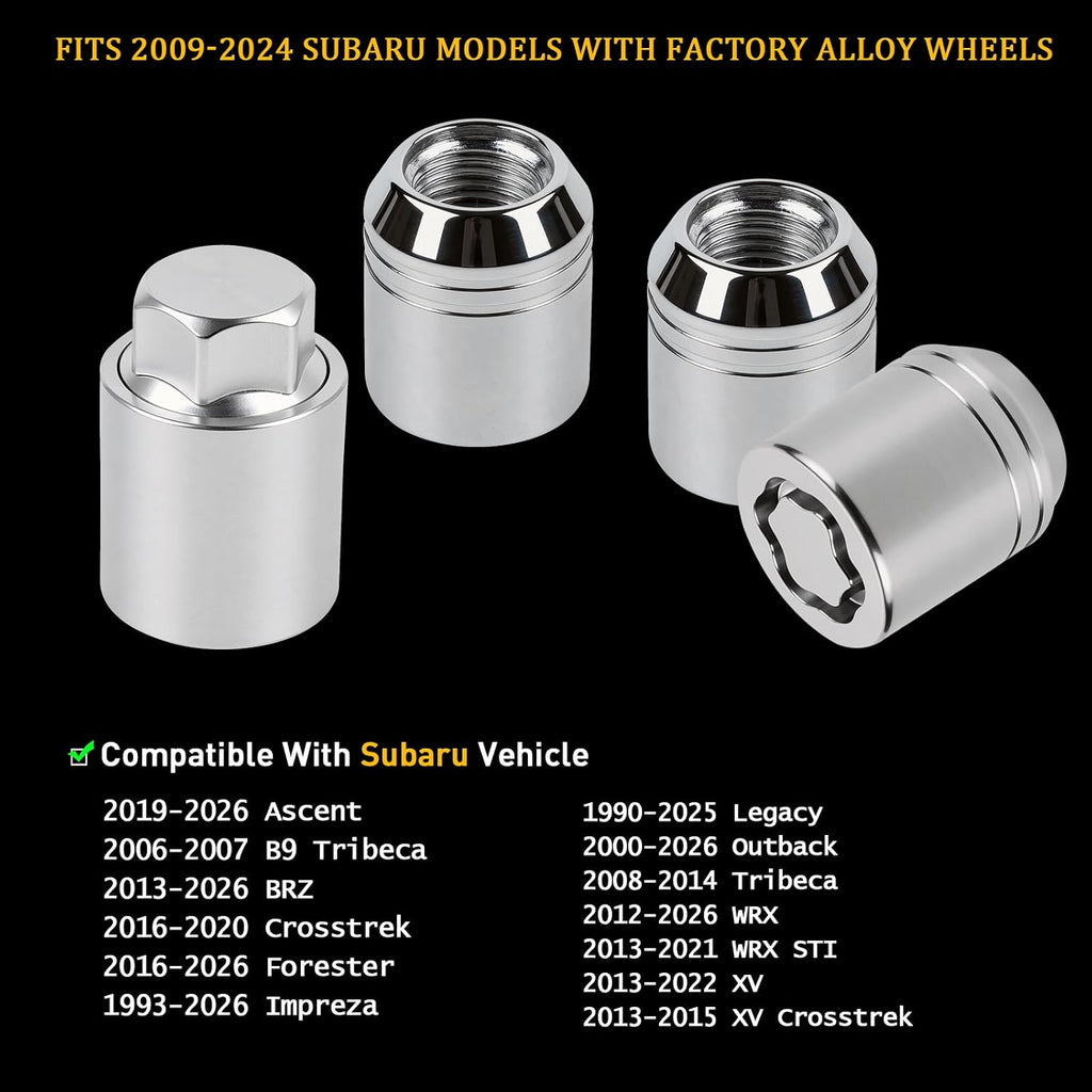 B321SFL001 5Pcs Anti-Theft Wheel Lock Lug Nut Set with Matching Key Socket Compatible with Subaru Vehicle 1990-2026 Forester Outback WRX BRZ Crosstrek Ascent Impreza Alloy Wheels, Chrome Finish