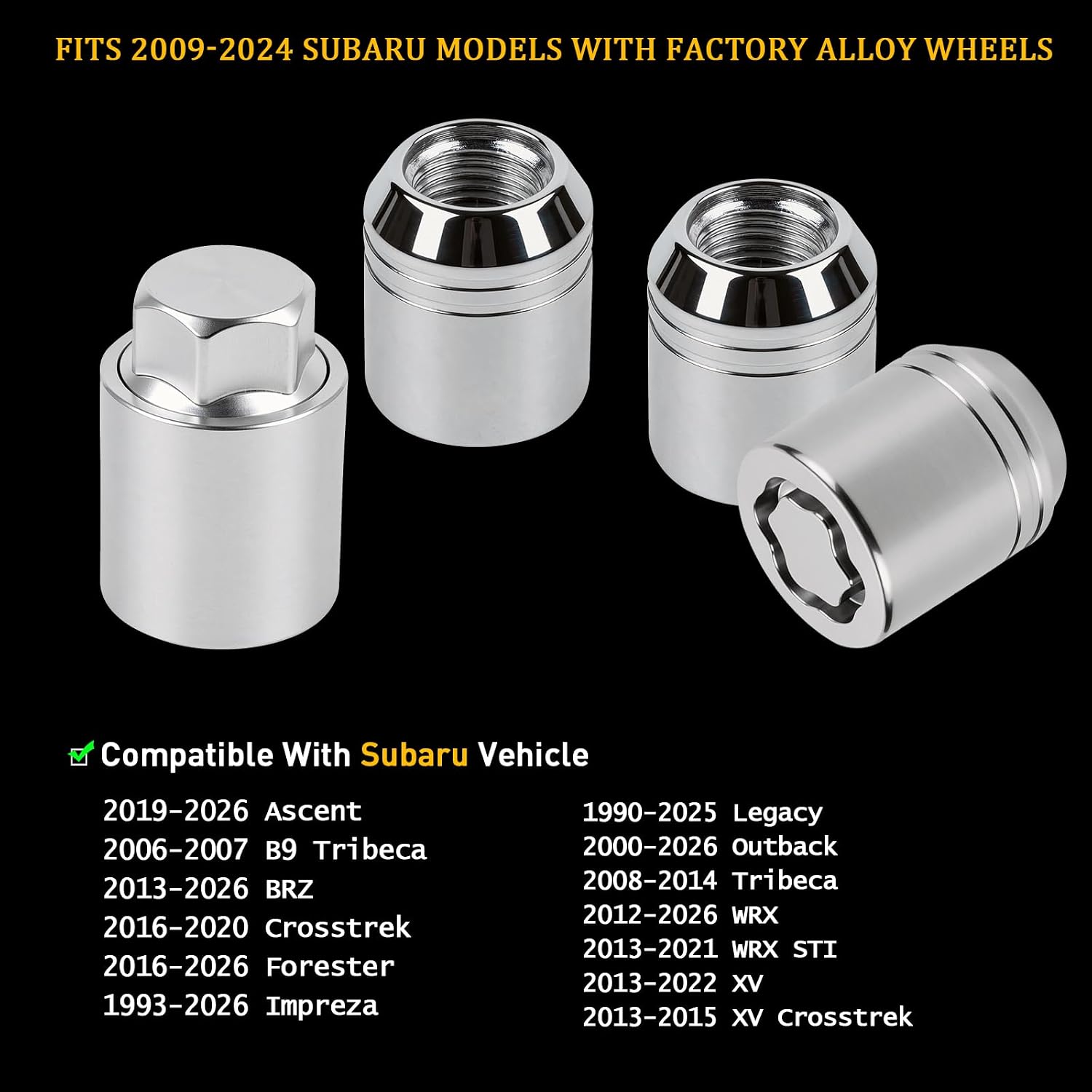 B321SFL001 5Pcs Anti-Theft Wheel Lock Lug Nut Set with Matching Key Socket Compatible with Subaru Vehicle 1990-2026 Forester Outback WRX BRZ Crosstrek Ascent Impreza Alloy Wheels, Chrome Finish