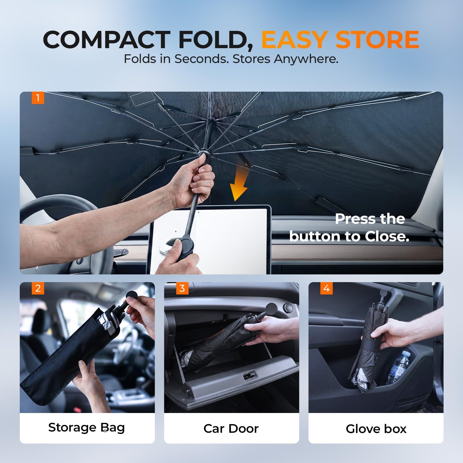 [2026 Upgraded] DooGooCoo Windshield Sun Shade Umbrella for Tesla Model Y, Model 3 [100% Sunlight Blocked, Cooling Ice Crystal] Sunshade for Car Windshield for Model Y & Model 3 Sunshade 2017-2026.