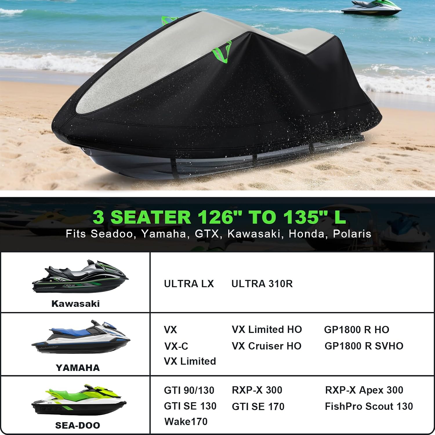 XYZCTEM Jet Ski Cover 3 Seater Waterproof for Yamaha, Seadoo Bombardier GTX, Kawasaki, Honda, UV Resistant Trailerable PWC Cover with Reflective Handles, Fit for 3 Seater Length 126'' to 135''