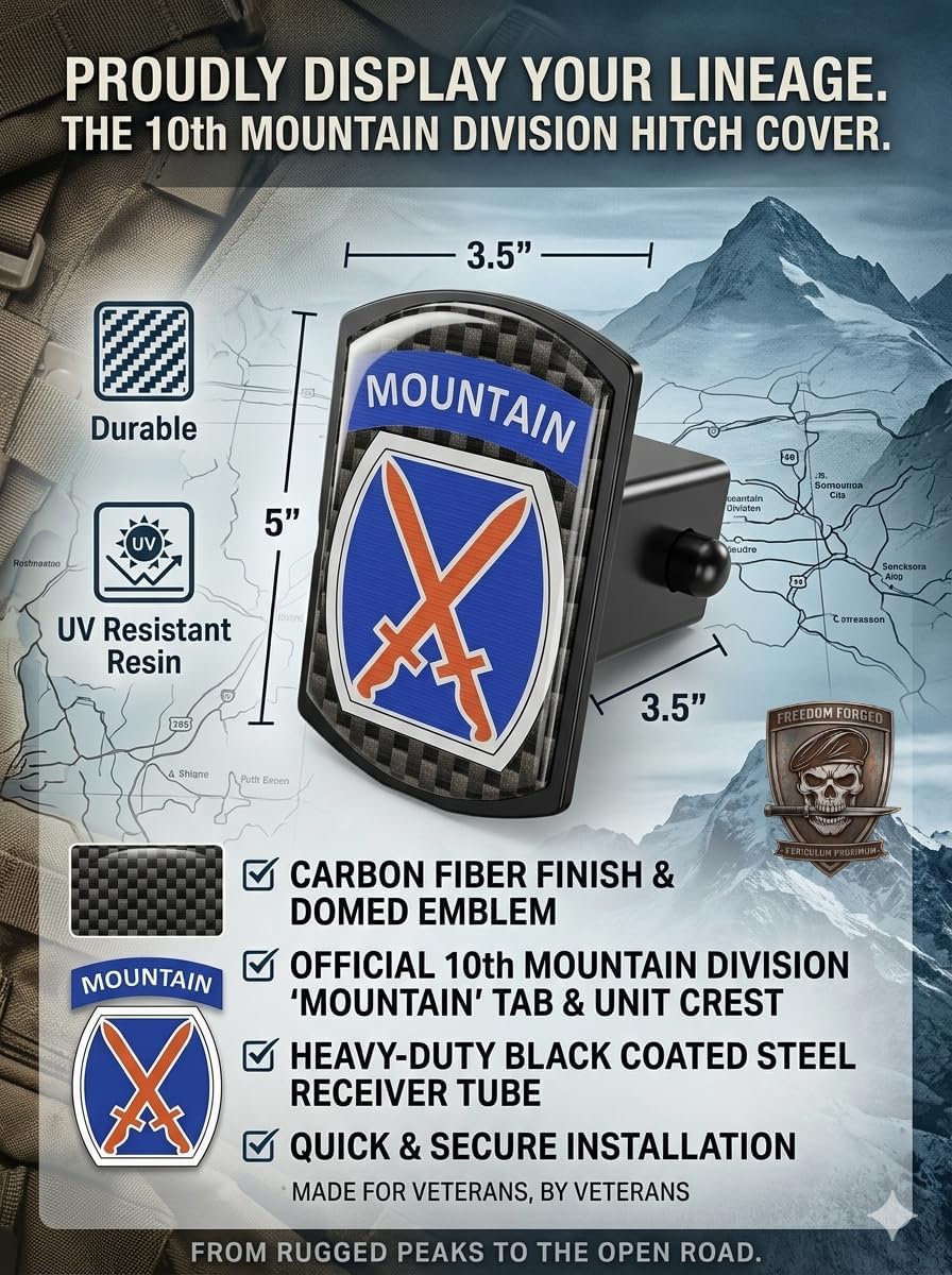 Freedom Forged 10th Mountain Division Climb to Glory Trailer Hitch Cover, Black Steel, Quick-Release, Fits 2-Inch Receivers