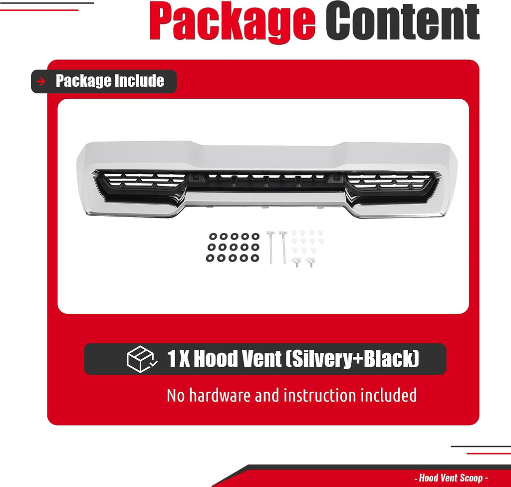Front Upper Hood Scoop Vent Compatible with 2020-2023 GMC Sierra 2500 HD/3500 HD Replacement for 84802216 Air Vent Hoods Plastic (ABS+PP) Chrome Silvery+Black