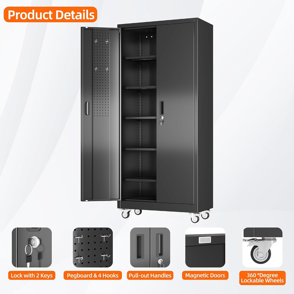 71" Metal Storage Cabinet with Wheels, 5 Adjustable Shelves, Black